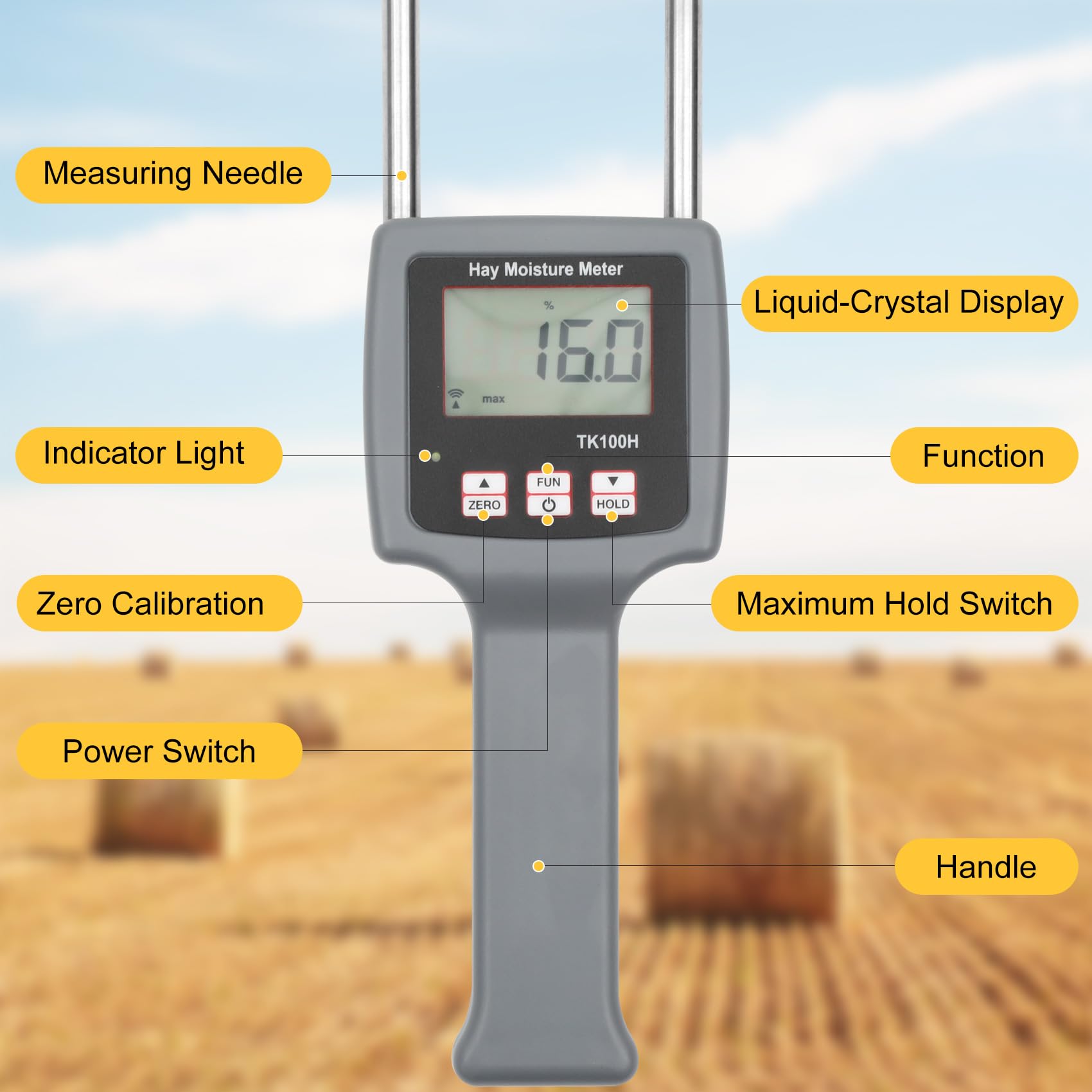 TK100H Portable Hay Moisture Tester - Fast & Accurate Probe Moisture Meter for Hay, Forage Grass, Alfalfa, Leymus Chinensis | Ideal for Farm, Ranch & Agriculture Use