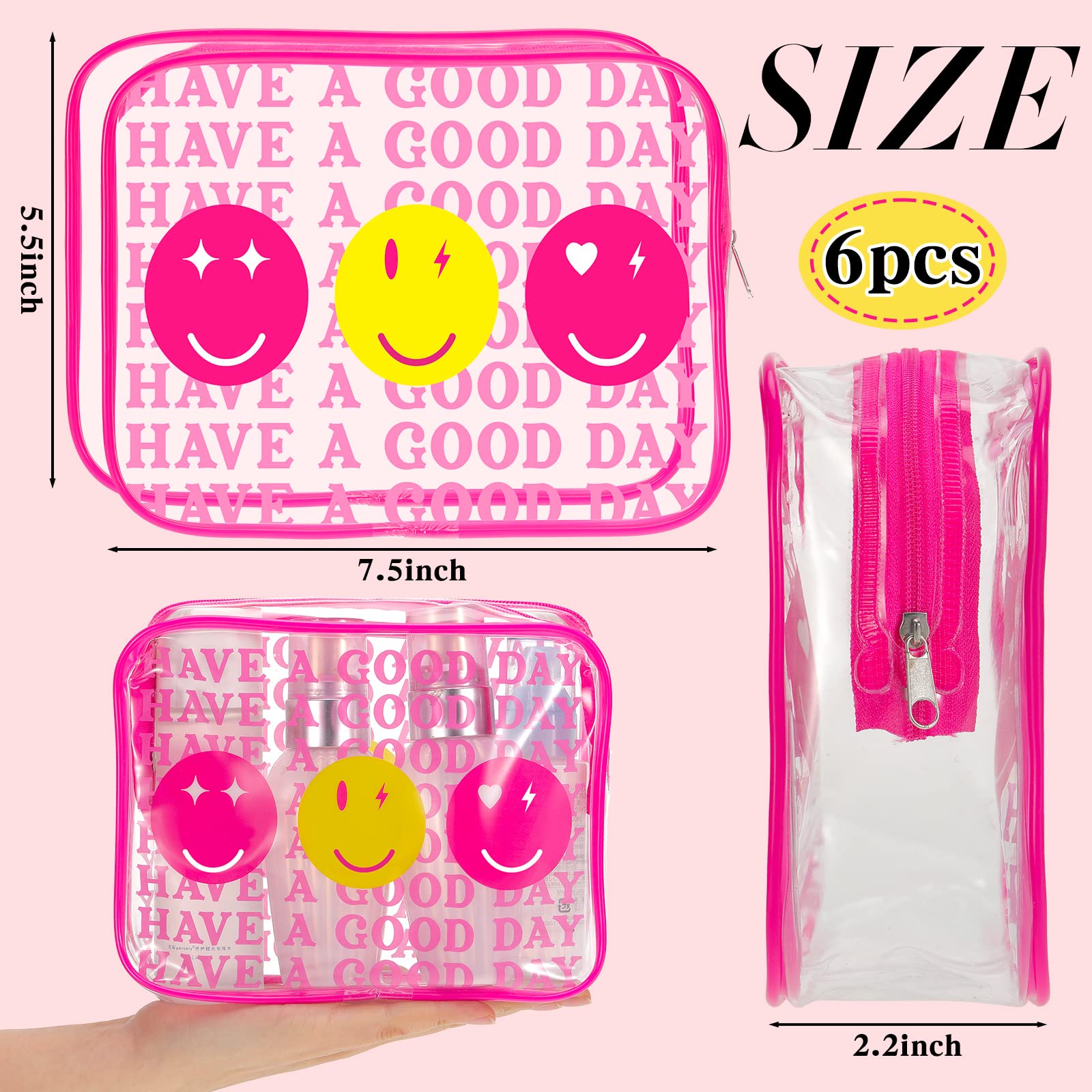Cunno 6-Piece Clear Makeup Bags Set - Preppy Boho Style Cosmetic Organizer with Smile Face & Flamingo Design, Transparent PVC Travel Toiletry Bag for Women | Perfect for Travel, Gym, and Daily Makeup Storage