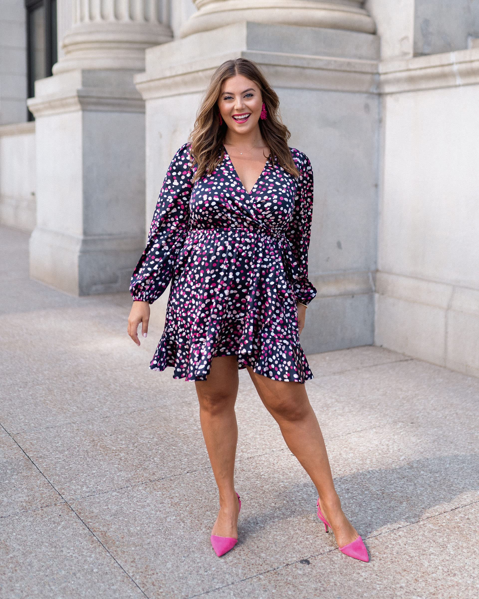 The Drop Women's Pink Polka Dot Faux Wrap Front Long Sleeve Dress by @caralynmirand - Elegant Office Wear & Spring Party Cocktail Dress
