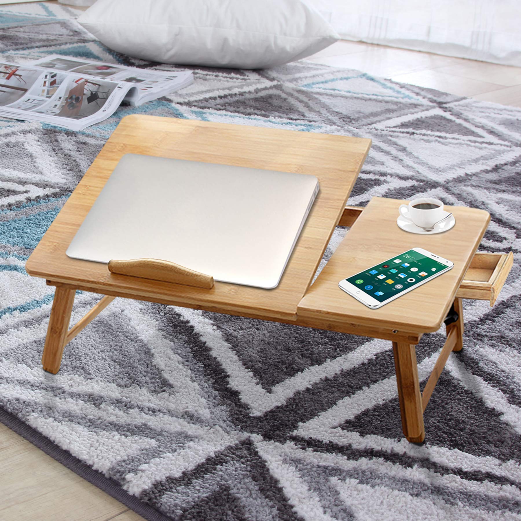 Adjustable Bamboo Laptop Desk for Bed & Couch - Portable Folding Lap Desk with Storage Drawers, 21.7 x 13.8 Inch - Perfect for Home Office, Writing, Breakfast in Bed & Travel Use