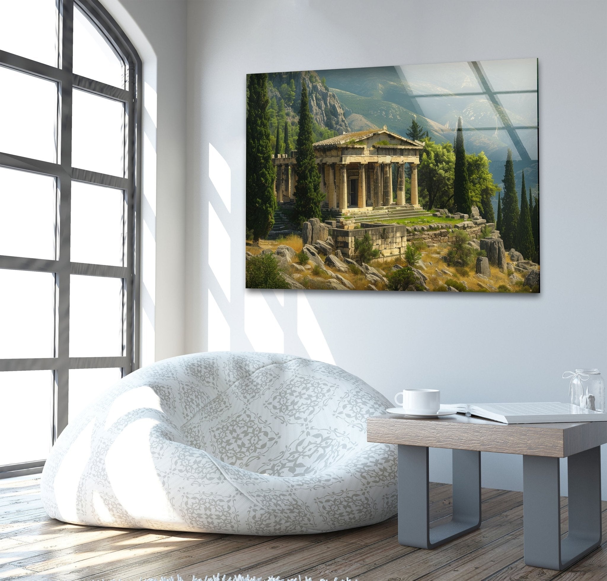 Ancient Greek Temple Stained Glass Wall Art - Handmade Window Panel for Home Decor, Church, and Office