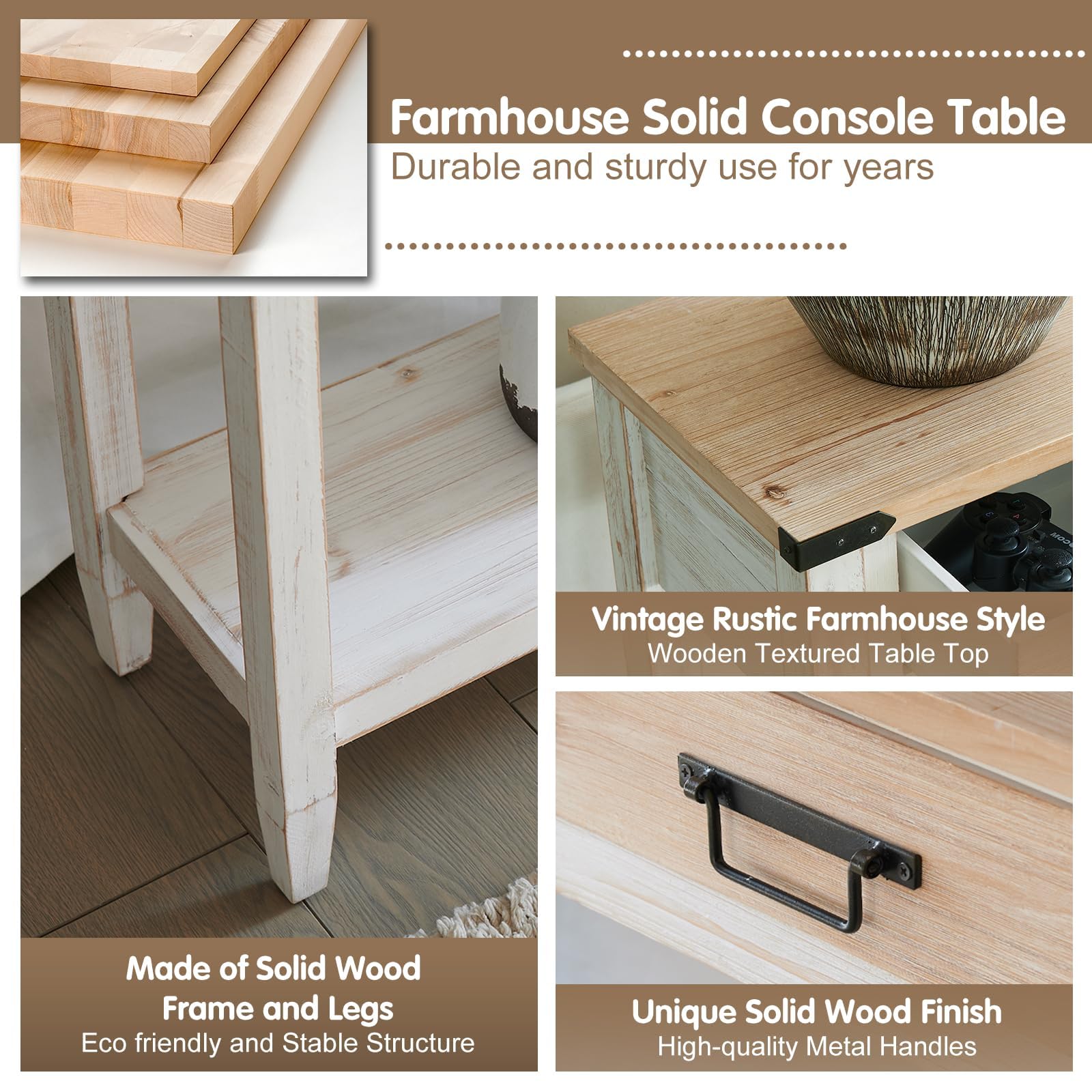 Rustic Farmhouse Console Table with 4 Drawers - 60