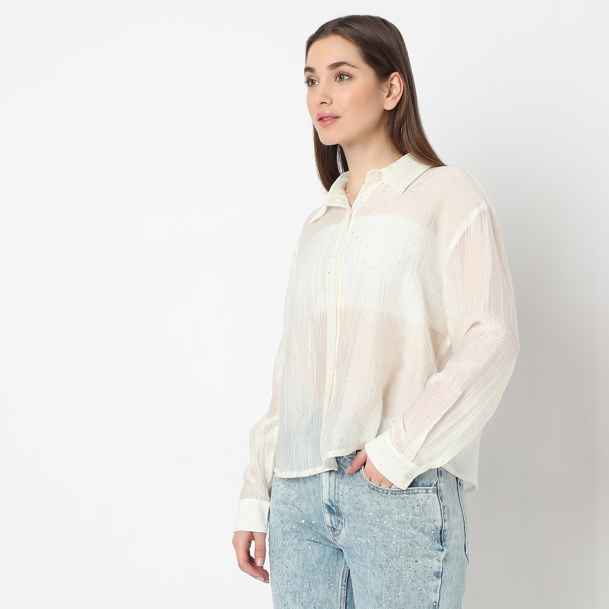 Embellished Studded Long Sleeve Collared Shirt for Women | Gothic Punk Fashion Top | Perfect for Concerts, Parties & Edgy Street Style