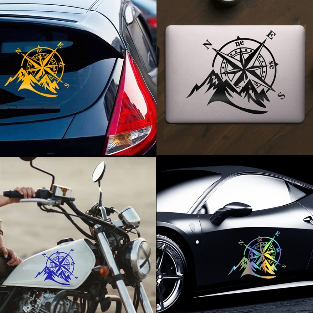 2-Pack Mountain Compass Vinyl Decals - Waterproof Car Stickers for Windows, Bumpers, Laptops, Skateboards, Motorcycles, SUVs & Trucks - Brushed Silver Outdoor Adventure Decoration for Travel Enthusiasts