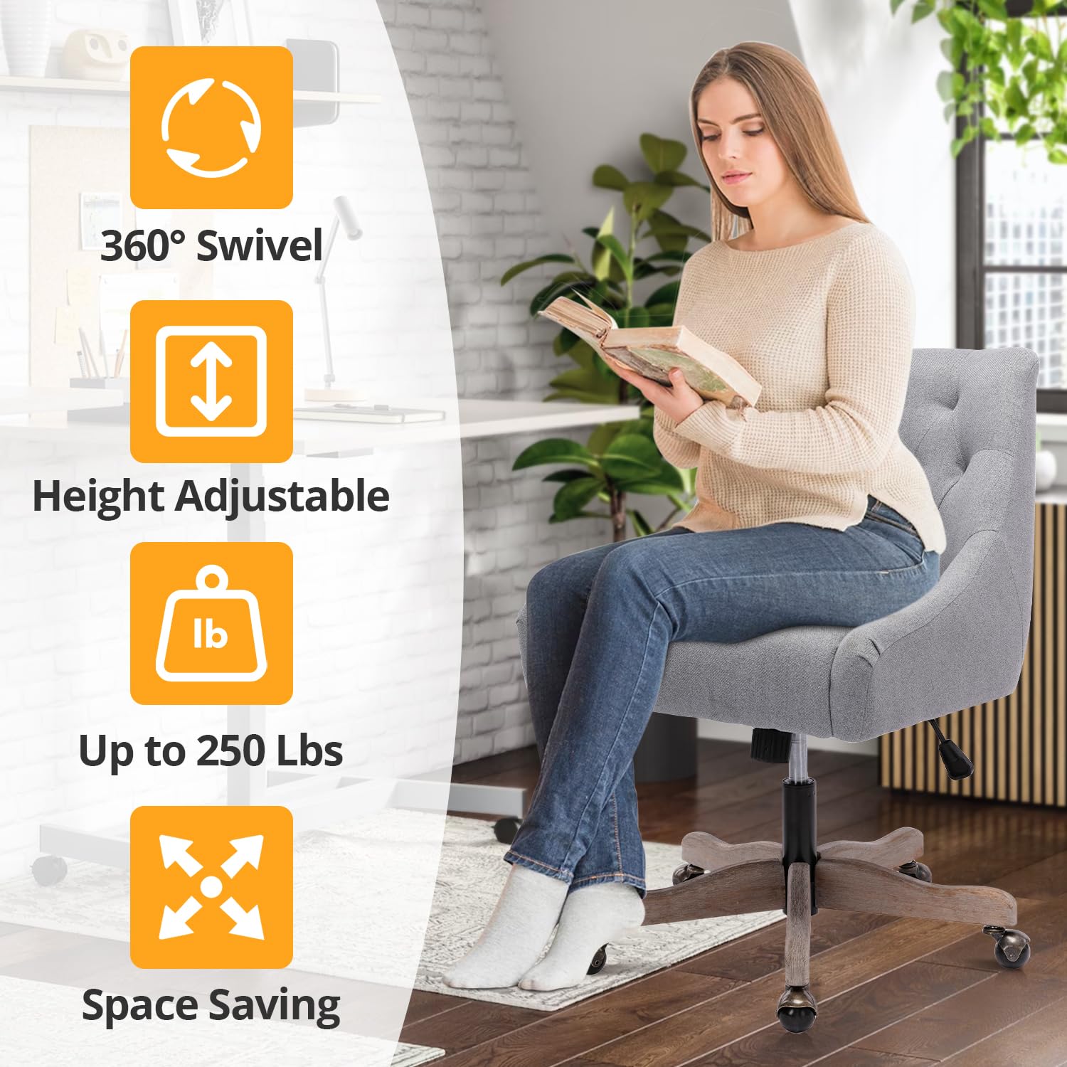Ergonomic Home Office Chair - Adjustable Upholstered Computer Desk Chair with 360° Swivel Base & Lumbar Support - Comfortable Task Chair for Office, Study Room or Living Room - Perfect for Remote Work, Gaming & Long Hours Sitting (Grey)