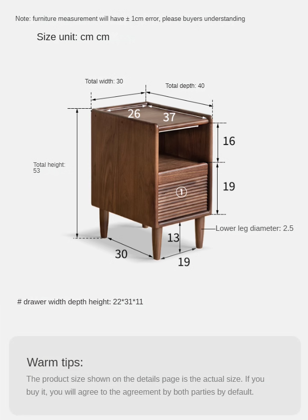 Solid Black Walnut Wood Nightstand with Narrow Design - Perfect for Small Bedrooms, Apartments & Modern Home Decor