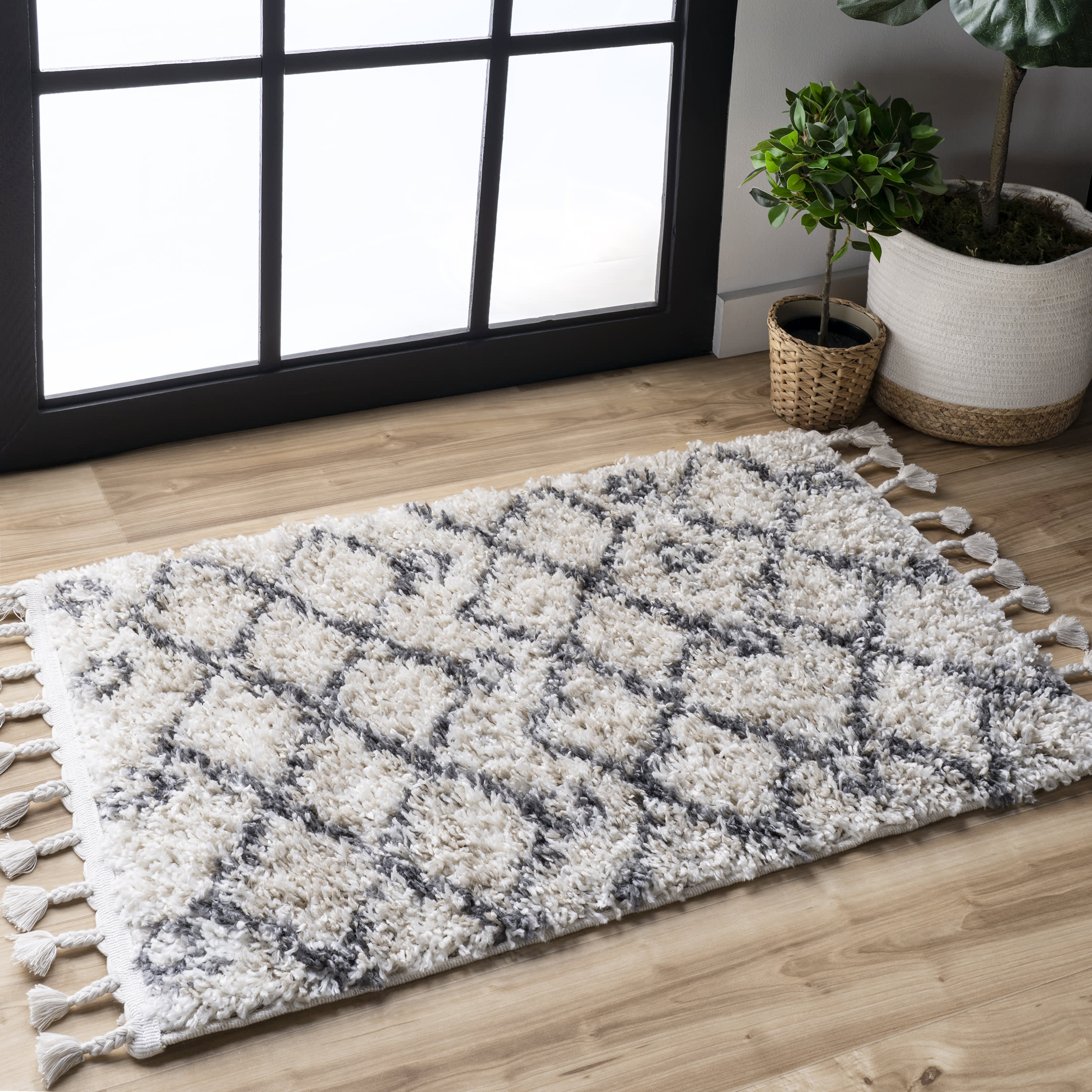 Luxury Diamond Moroccan Shag Rug with Tassels - Soft Ivory Bohemian Area Carpet for Living Room, Bedroom & Nursery Decor
