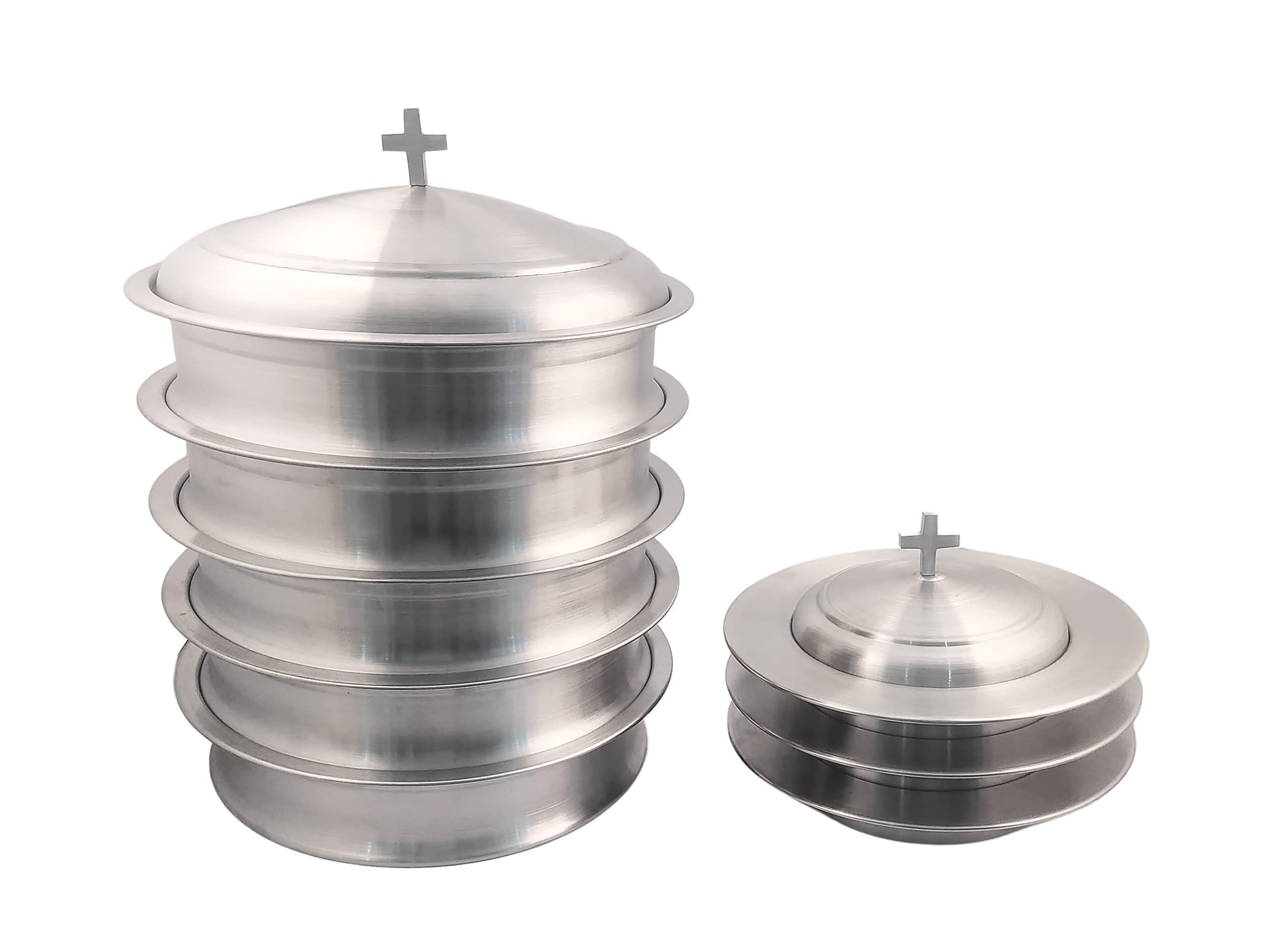 Stainless Steel Communion Set - 5 Holy Wine Serving Trays with Lid & 3 Stacking Bread Plates - Matte Finish for Church Services & Religious Ceremonies