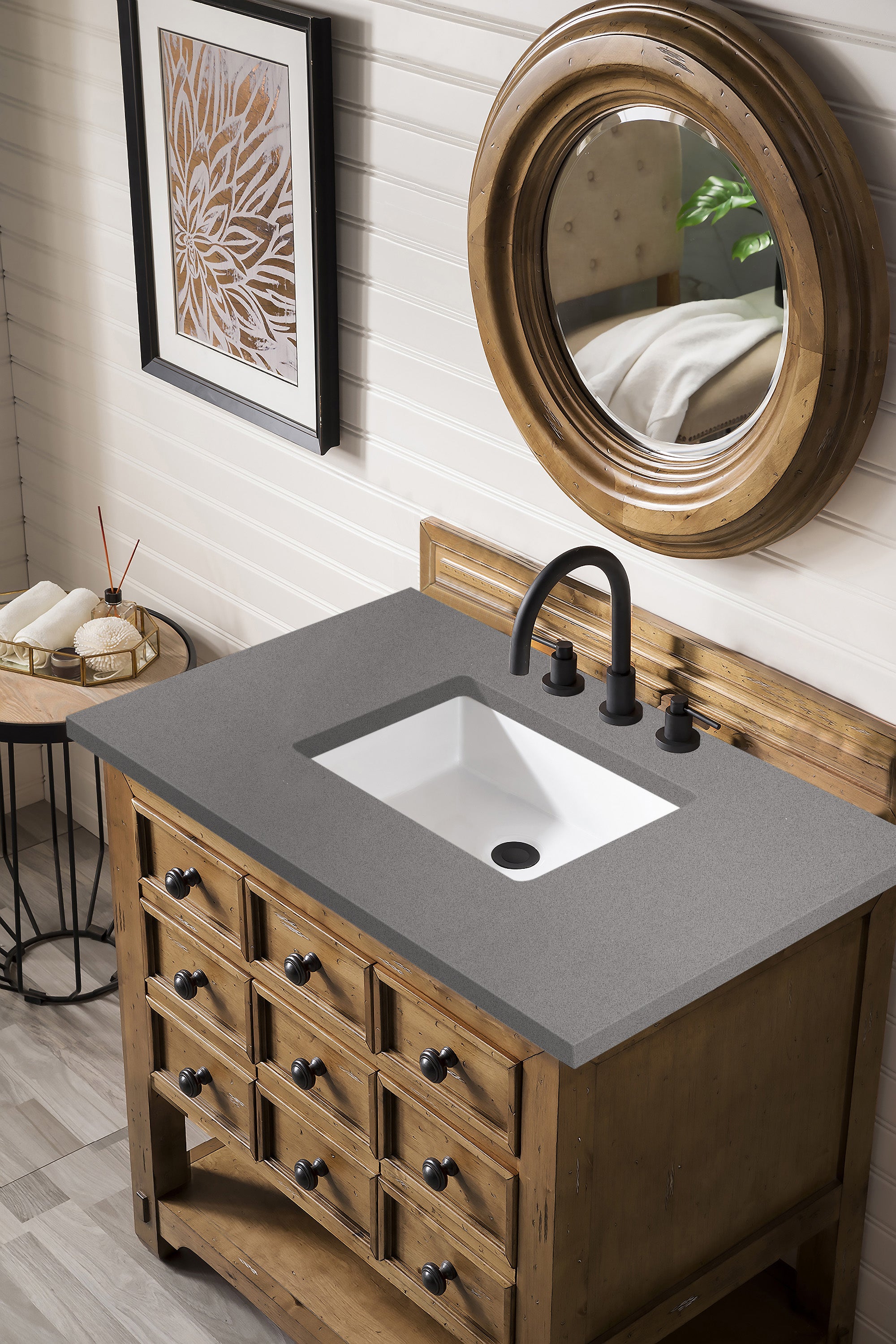 Malibu 36 Inch Single Bathroom Vanity with Honey Alder Wood & 3CM Grey Expo Quartz Top - Perfect for Modern Master Bathroom or Guest Bathroom Renovation