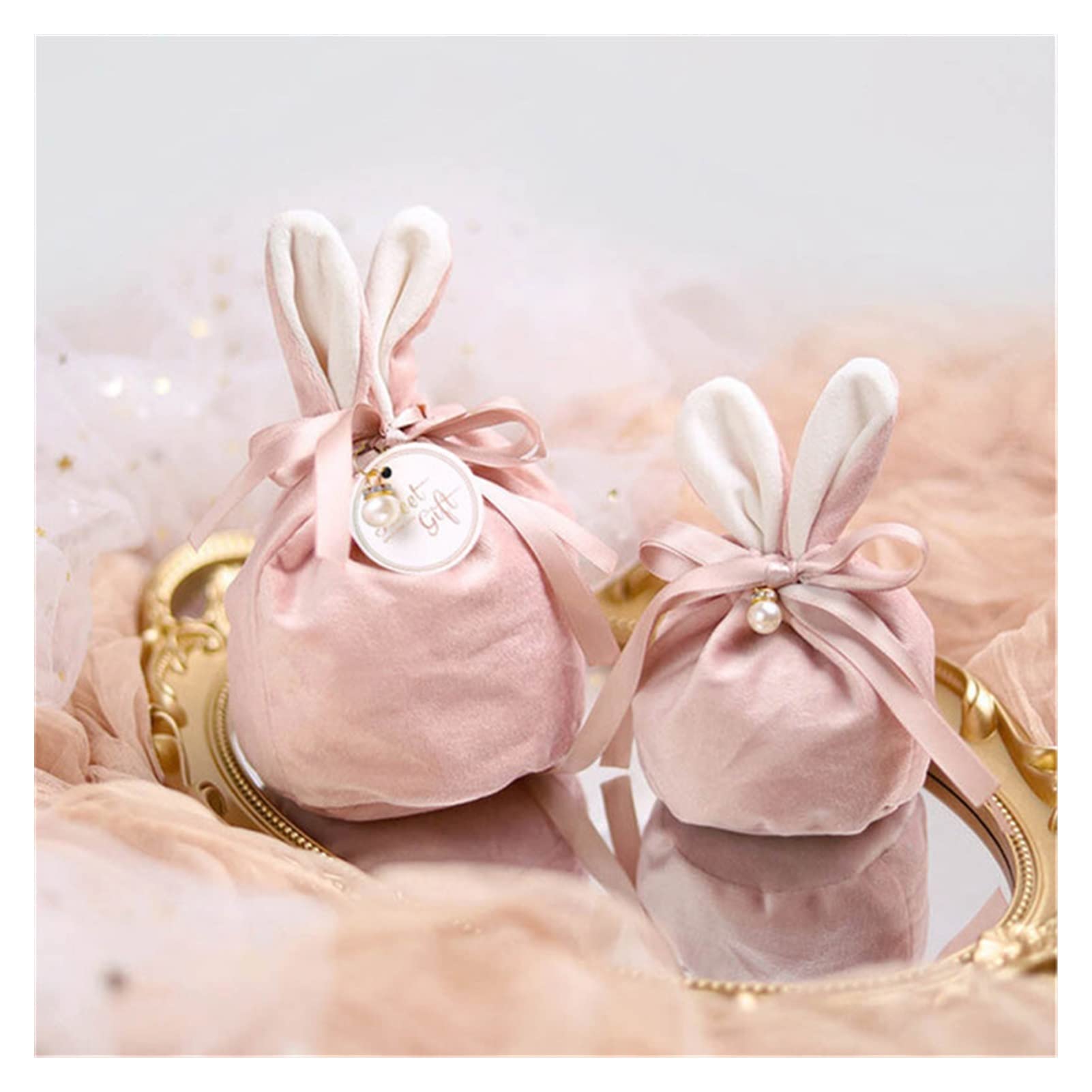 10pcs Easter Bunny Velvet Gift Bags for Chocolate Candy - Pink 11x13cm - Perfect for Valentine's Day, Wedding Favors, Birthday Party Favors & Jewelry Organizer