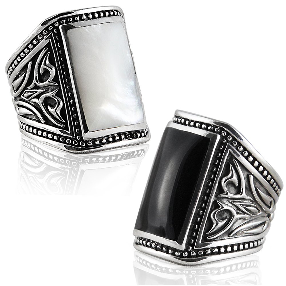 VY JEWELRY 925 Sterling Silver Onyx or Shell Men's Ring for Wedding, Engagement & Fashion - Handcrafted in Thailand - Durable & Hypoallergenic Jewelry Gift for Him