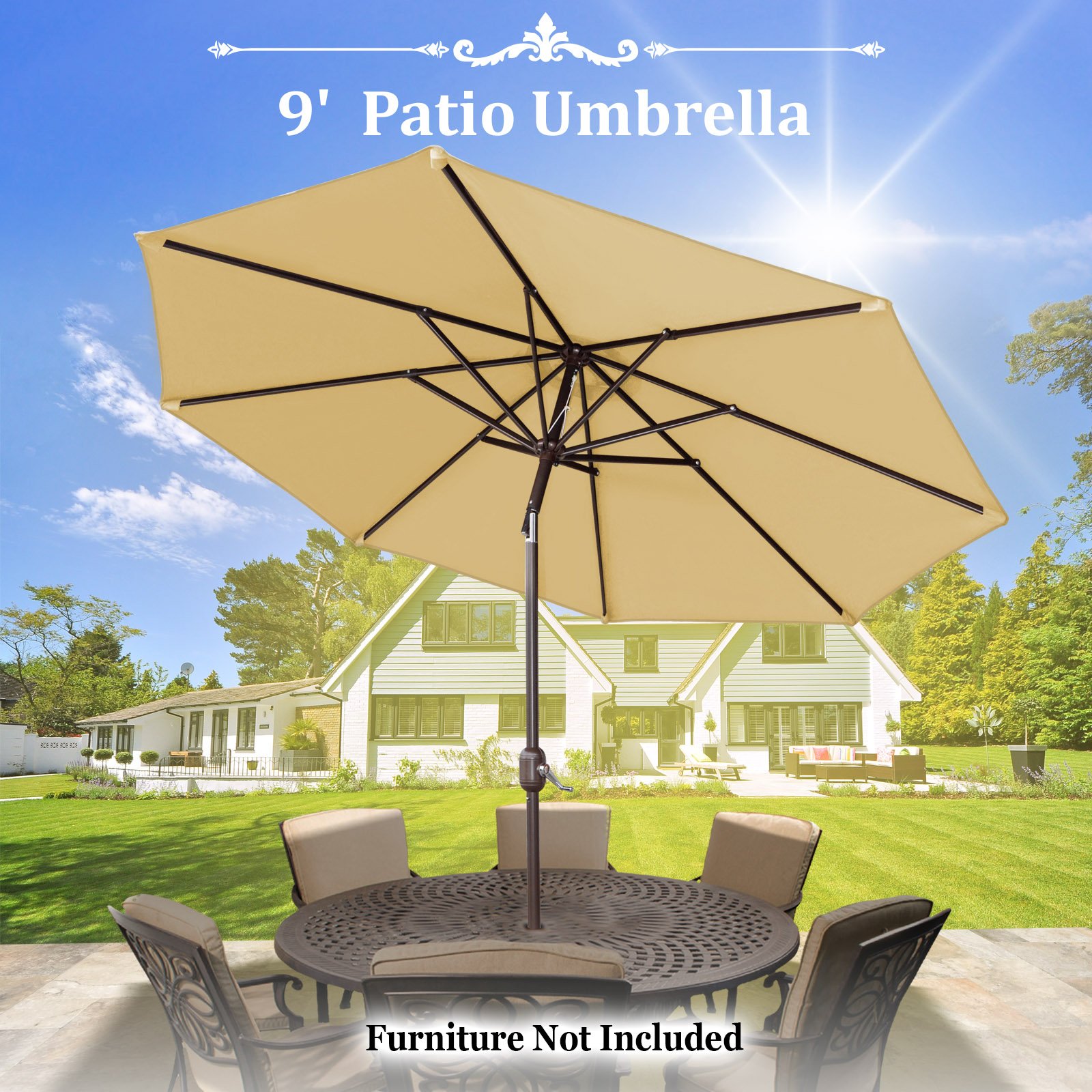 BenefitUSA 9 Ft Outdoor Patio Umbrella with Auto Tilt & Crank - Aluminum Frame, 8 Ribs & Polyester Cover (Beige) - Perfect for Poolside, Backyard, and Beach Shade