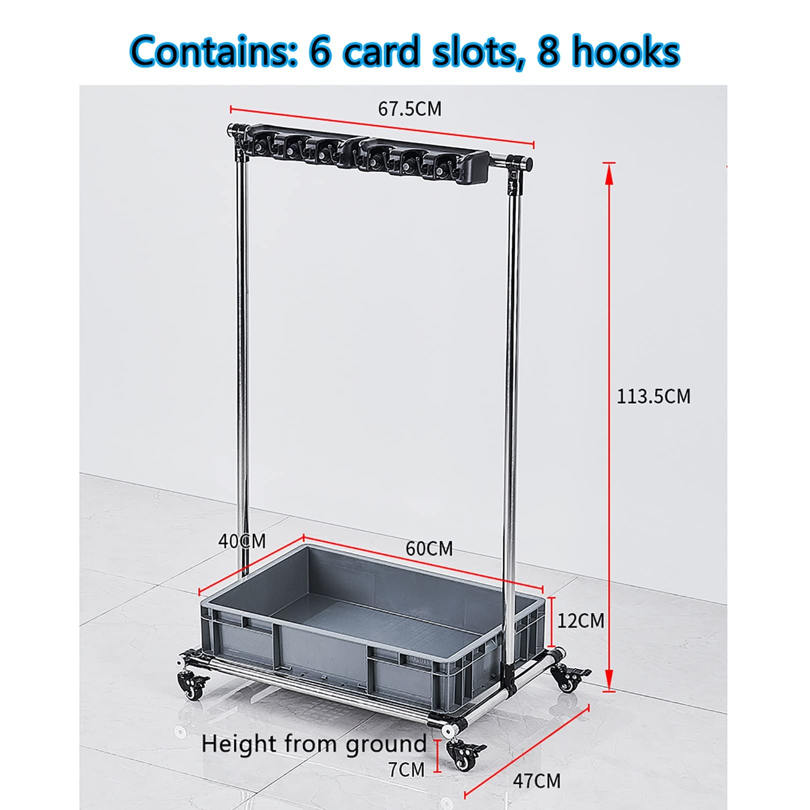 Adjustable Height Stainless Steel Broom & Mop Rack with Wheels - 6-Slot Durable Cleaning Cart for Garage, Hotel, School & Restaurant Storage | Space-Saving Mobile Tool Organizer for Easy Cleaning Access