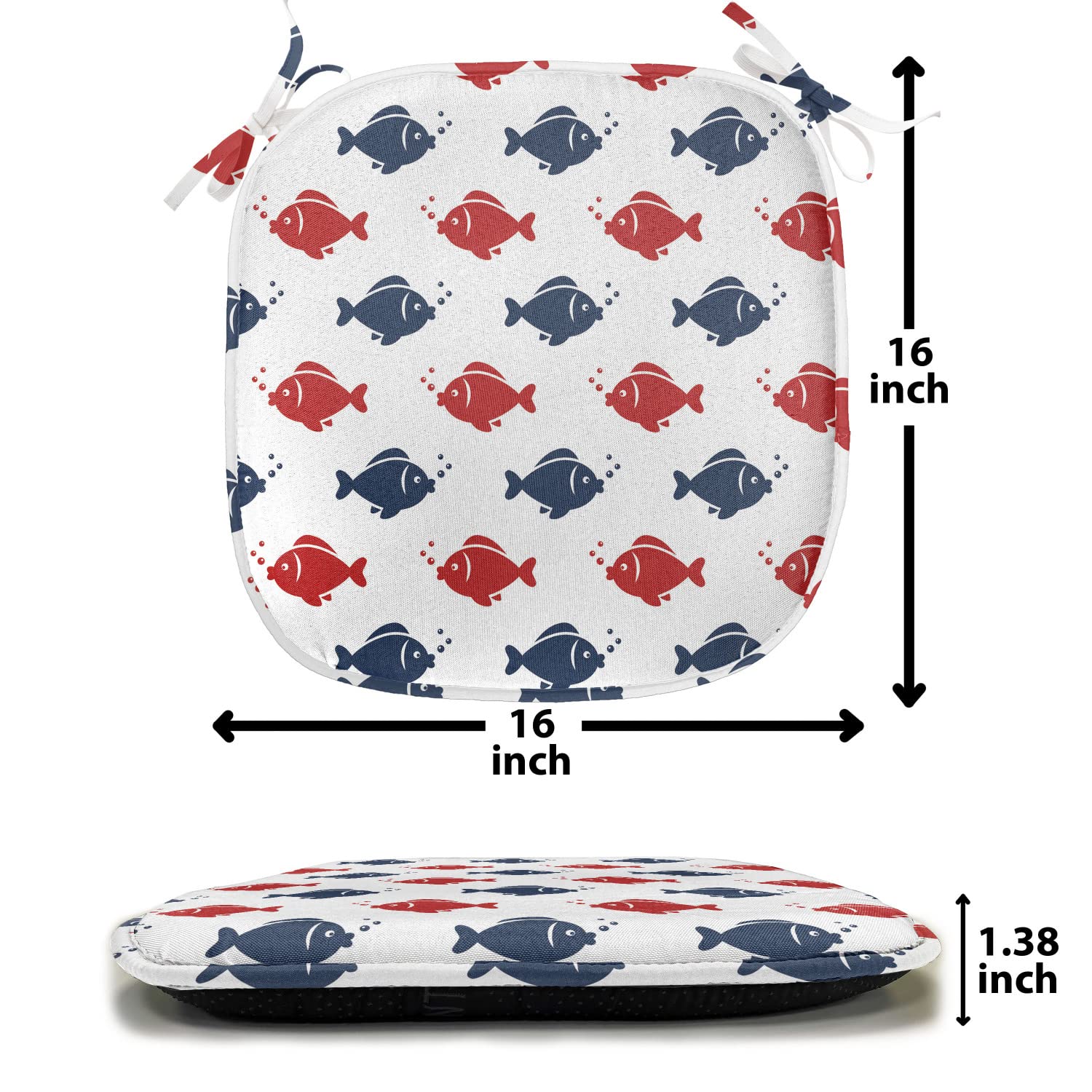 Lunarable Nautical Chair Cushion 16x16 Inch - Underwater Aquarium Design with Swimming Fish & Bubbles - Non-Slip Kitchen & Patio Seat Pad in Navy Blue, Red & White - Perfect for Dining Chairs, Outdoor Furniture & Home Decor