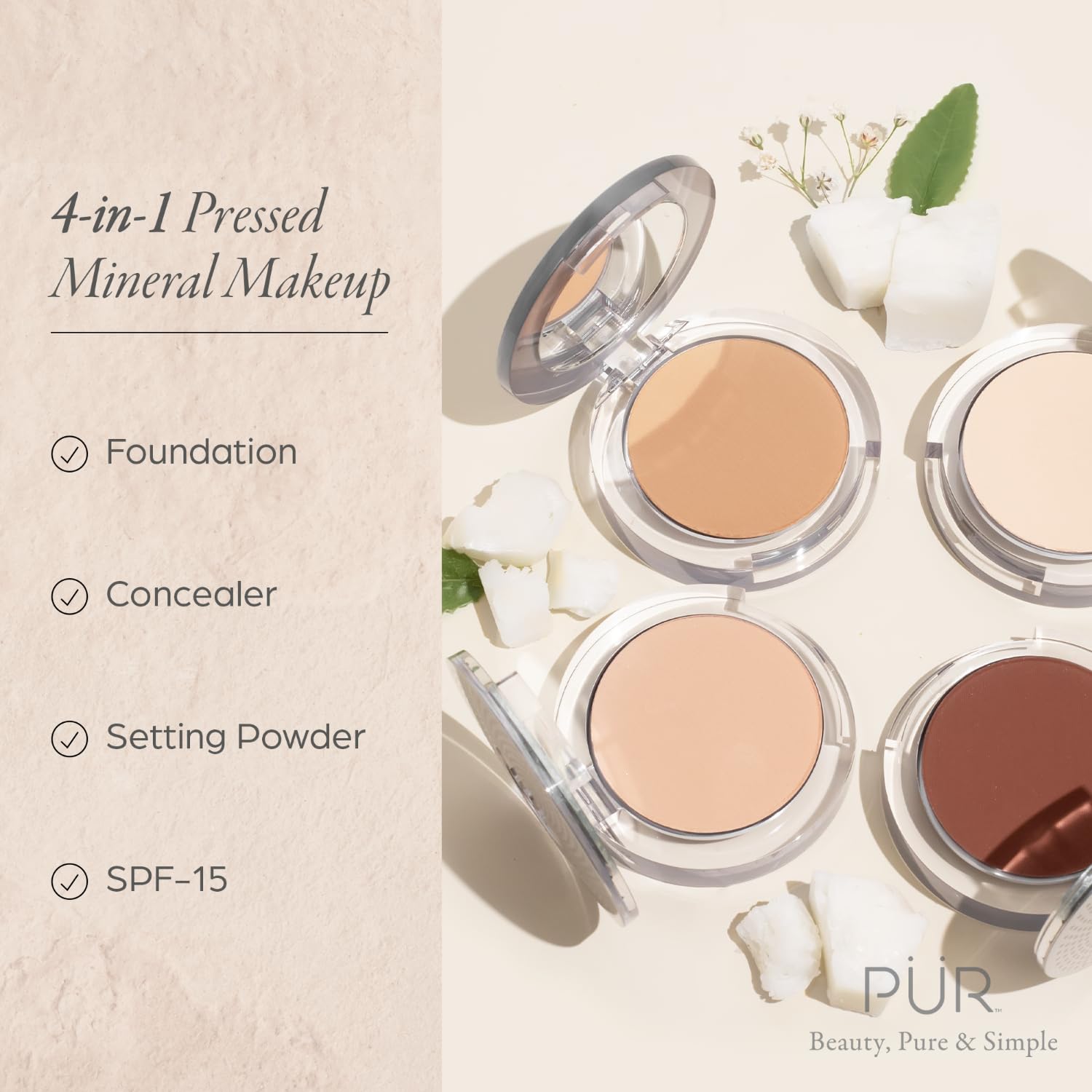 PUR Cosmetics 4-in-1 Pressed Mineral Foundation SPF 15 - Porcelain (60g) | Natural Finish, Oil-Free & Vegan | Perfect for Daily Wear & Sensitive Skin