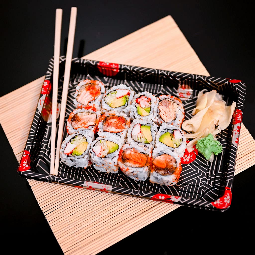 EcoQuality 8.5 x 5.5 Inch Black Sushi Trays with Lids - 50 Pack Disposable Plastic Food Containers for Sushi, Takeout, Entrees, Appetizers & Desserts | Perfect for Restaurants, Catering & Home Meal Prep