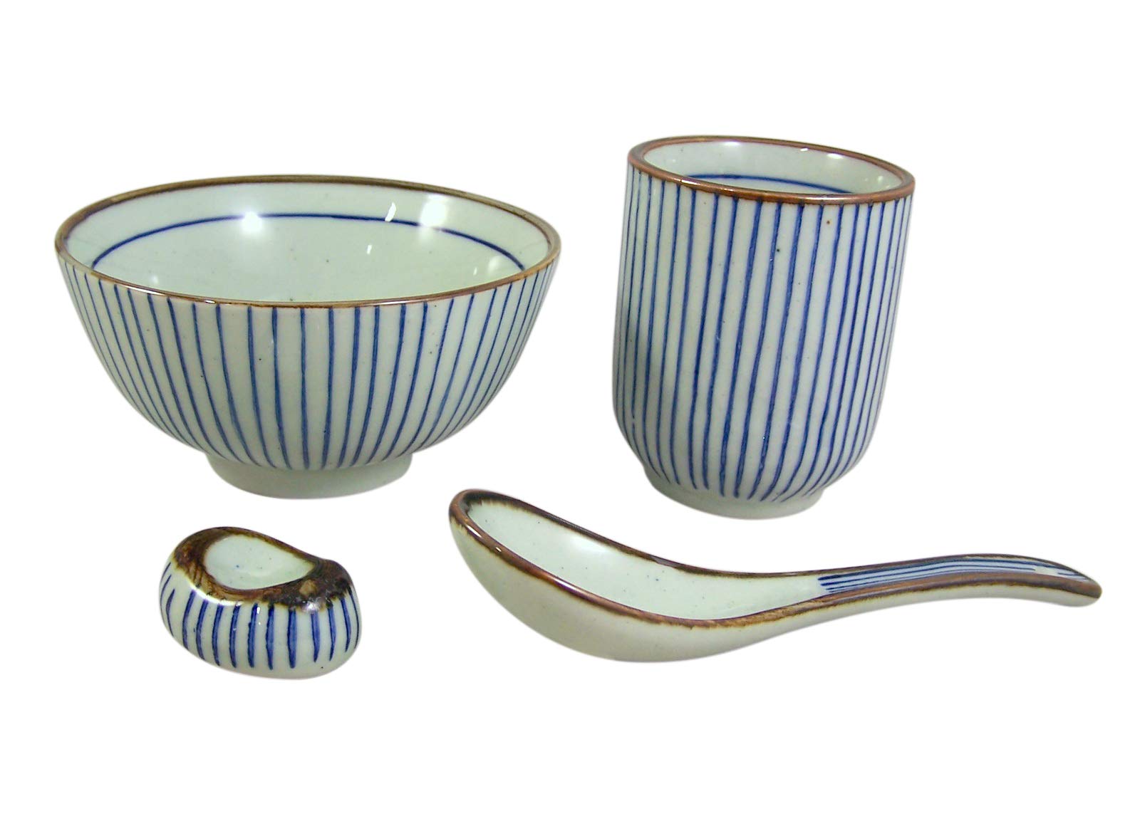 Japanese Striped Dish Set - 4 Piece Oriental Dinnerware Set with Cup, Bowl, Spoon & Chopstick Rest - Perfect for Sushi, Ramen, Asian Cuisine & Home Decor