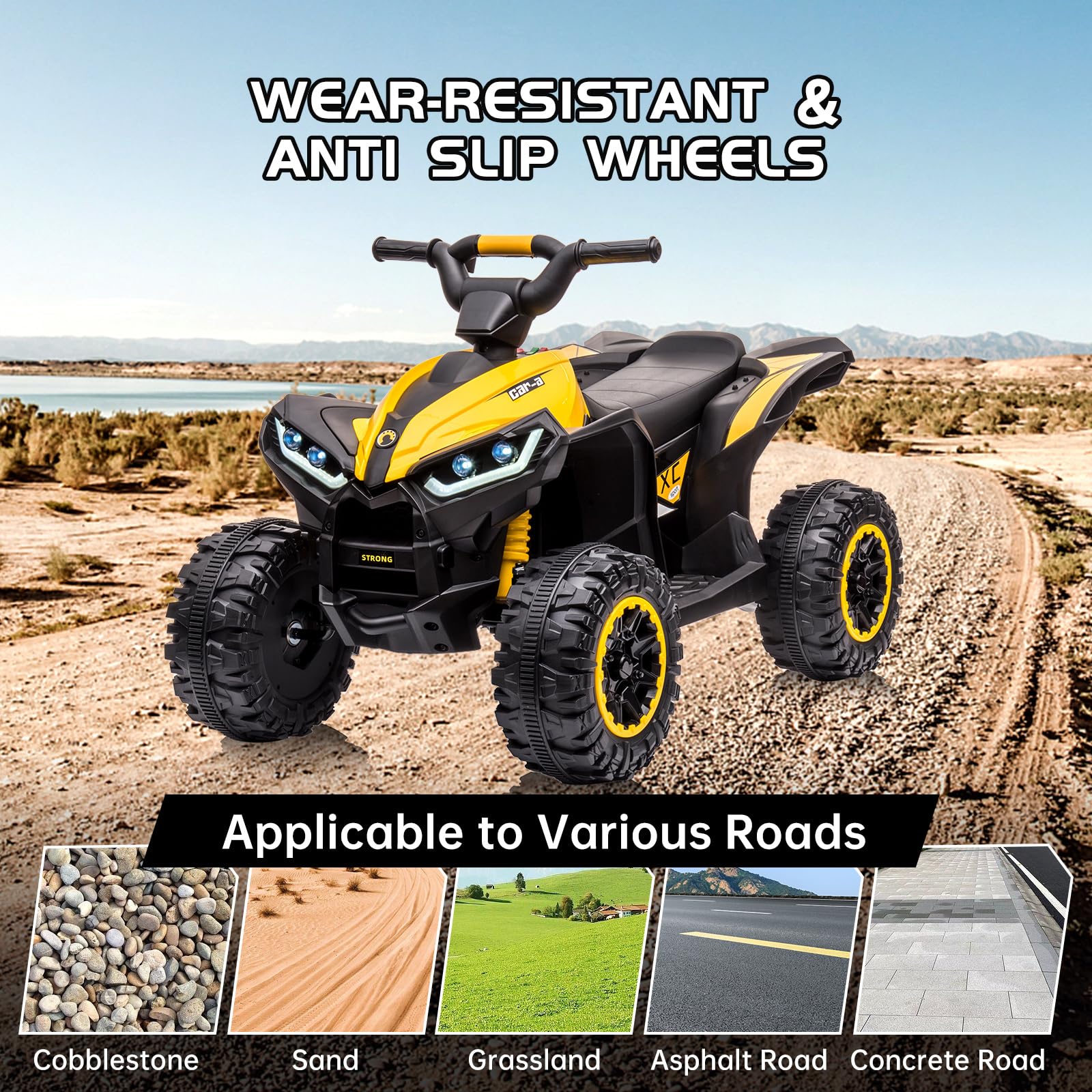 12V Kids Electric ATV Ride-On Toy - 4 Wheeler Battery Powered Quad Vehicle with Music, Horn, LED Lights & Dual Speed - Safe Soft Start for Boys & Girls Ages 3-8 - Perfect Birthday Gift & Outdoor Play Toy (Yellow)