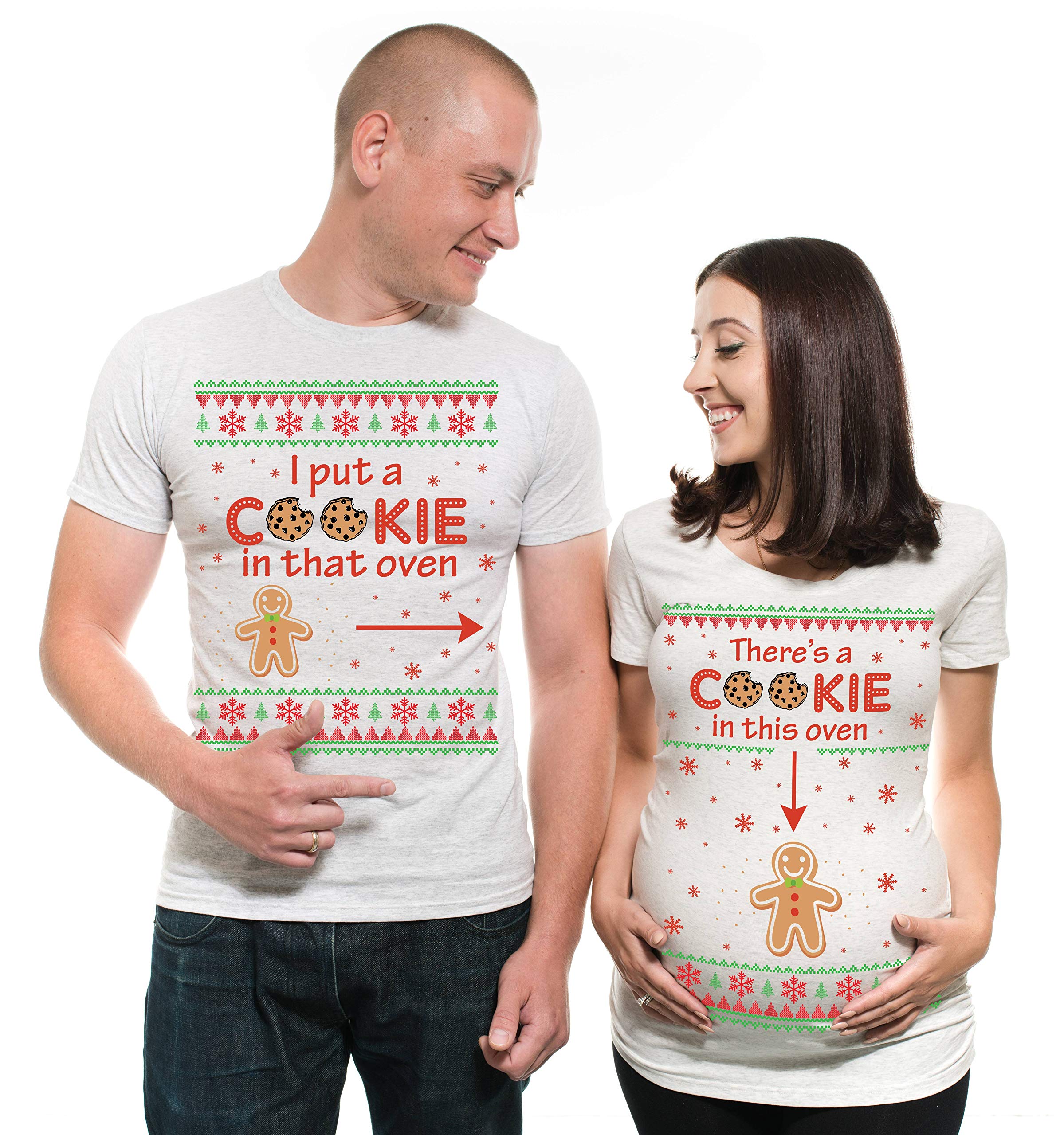 Thanksgiving Christmas Matching Couple T-Shirts - Expecting Dad & Mom Gray Shirts for Holiday Family Photos & Pregnancy Announcements