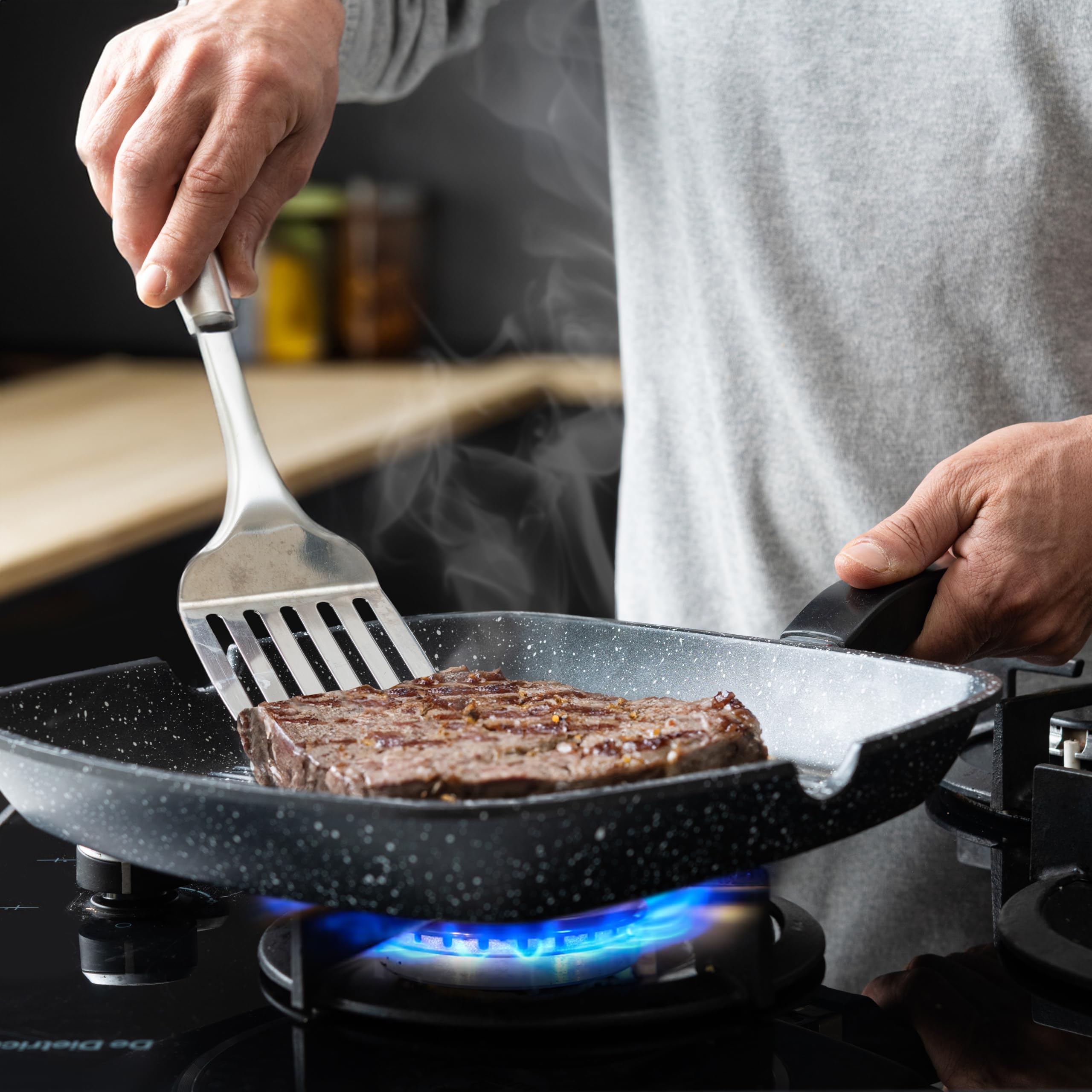 11 Inch Moss & Stone Aluminum Nonstick Grill Pan for Stove Tops - PFOA Free Square Griddle with Pour Spouts, Large Cooking Surface for Indoor & Outdoor Grilling - Perfect for Pancakes, Burgers, Steaks and Camping Cookouts