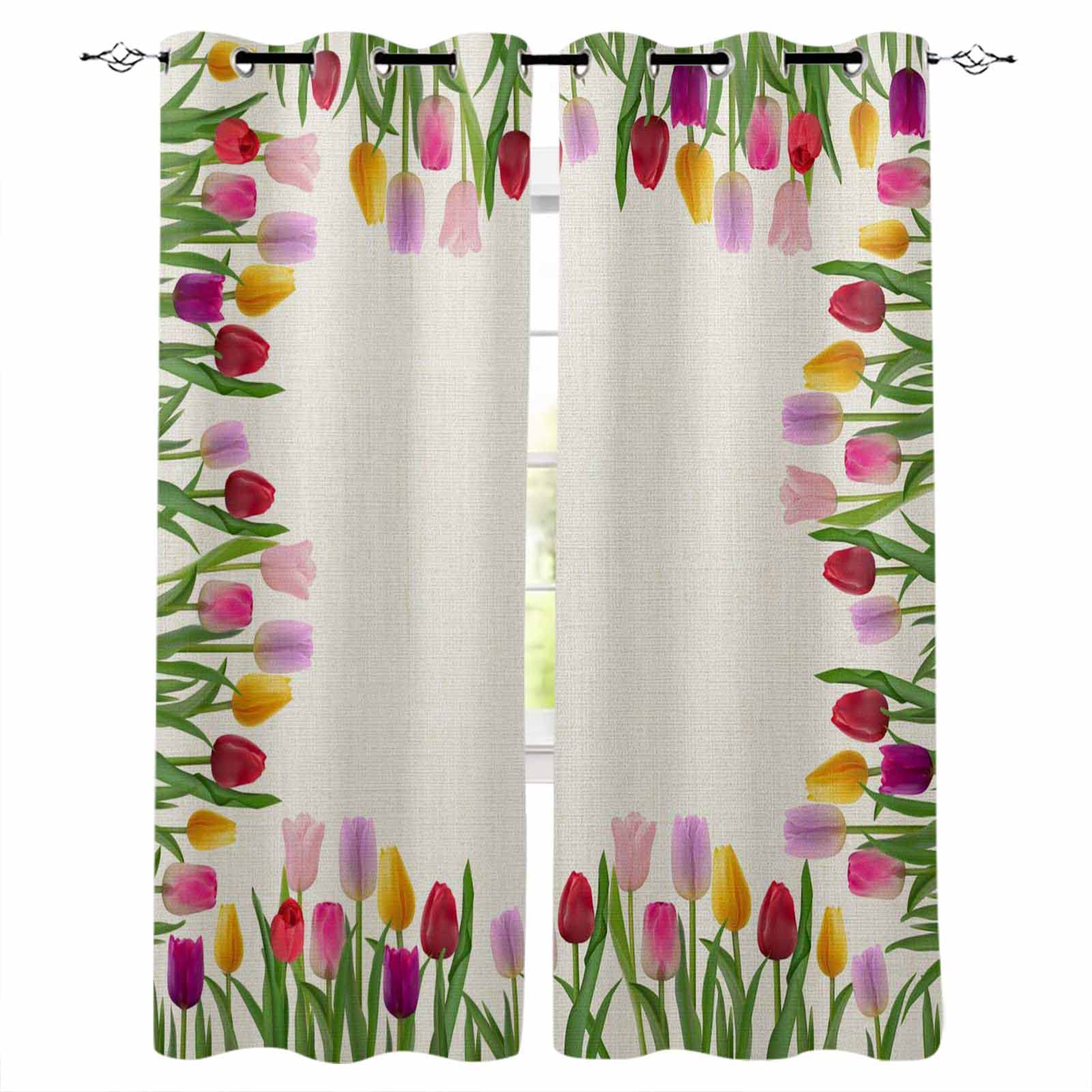 Easter Yellow Tulips Floral Blackout Curtains with Grommet Top - Spring Mother's Day Room Darkening Window Treatment Panels, Idyllic Flower Green Leaf Linen Bedroom & Kitchen Decor, 96 Inches Long - Perfect for Nursery, Living Room & Home Office
