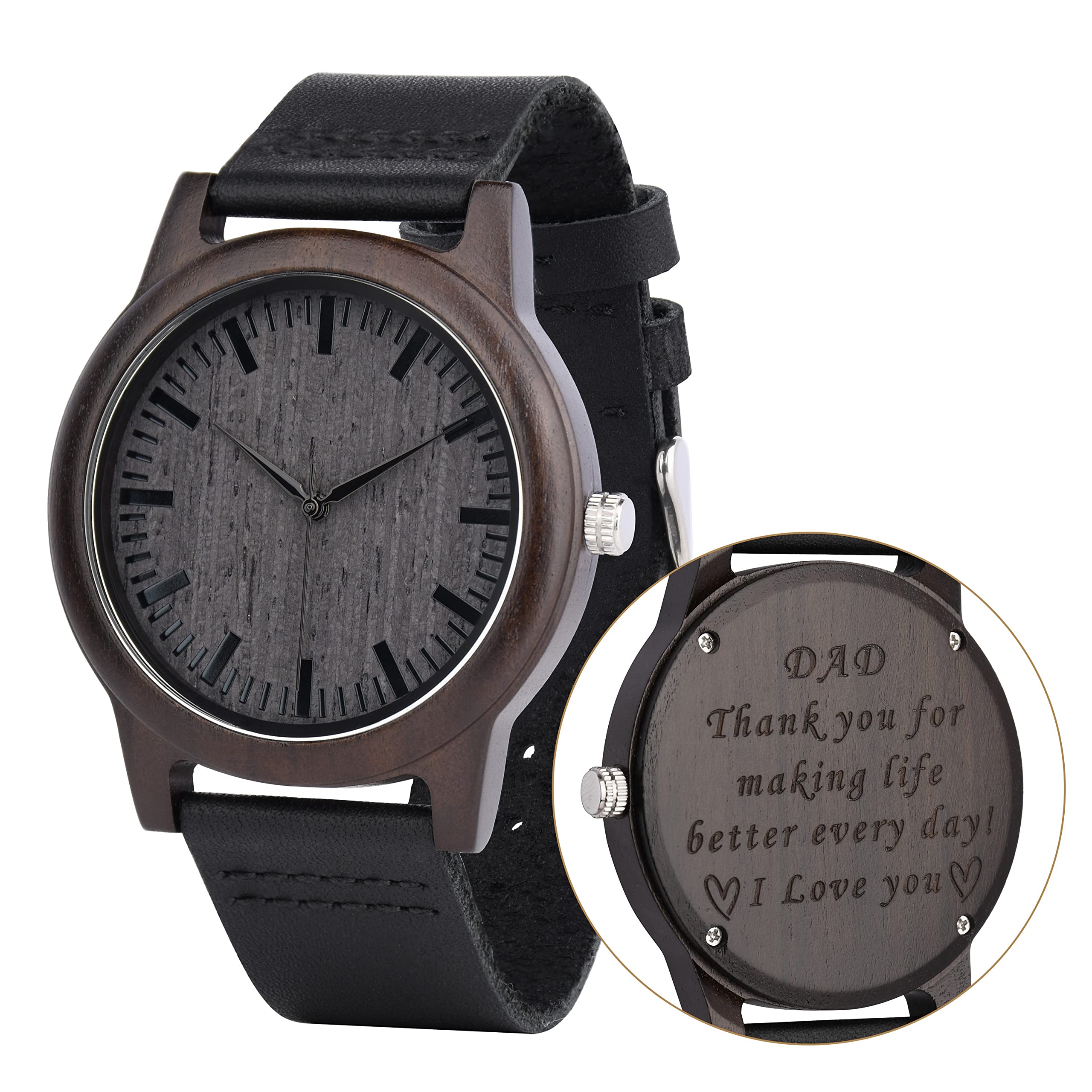 Personalized Engraved Wood Watch for Men - Ebony Wood & Leather Strap - Anniversary, Birthday Gift for Husband, Boyfriend, Dad - Best Man & Groomsmen Watch - Perfect for Weddings, Formal Events & Everyday Wear