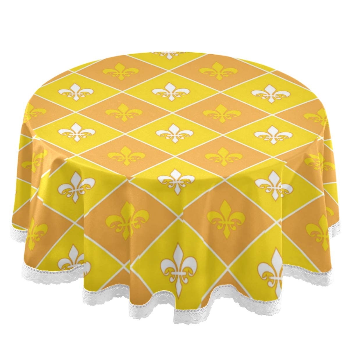 Elegant Fleur De Lis Round Tablecloth - 60 Inch Yellow Grid Polyester with White Lace Trim for Party & Dinner Table Decorations | Perfect for Weddings, Banquets, and Holiday Celebrations