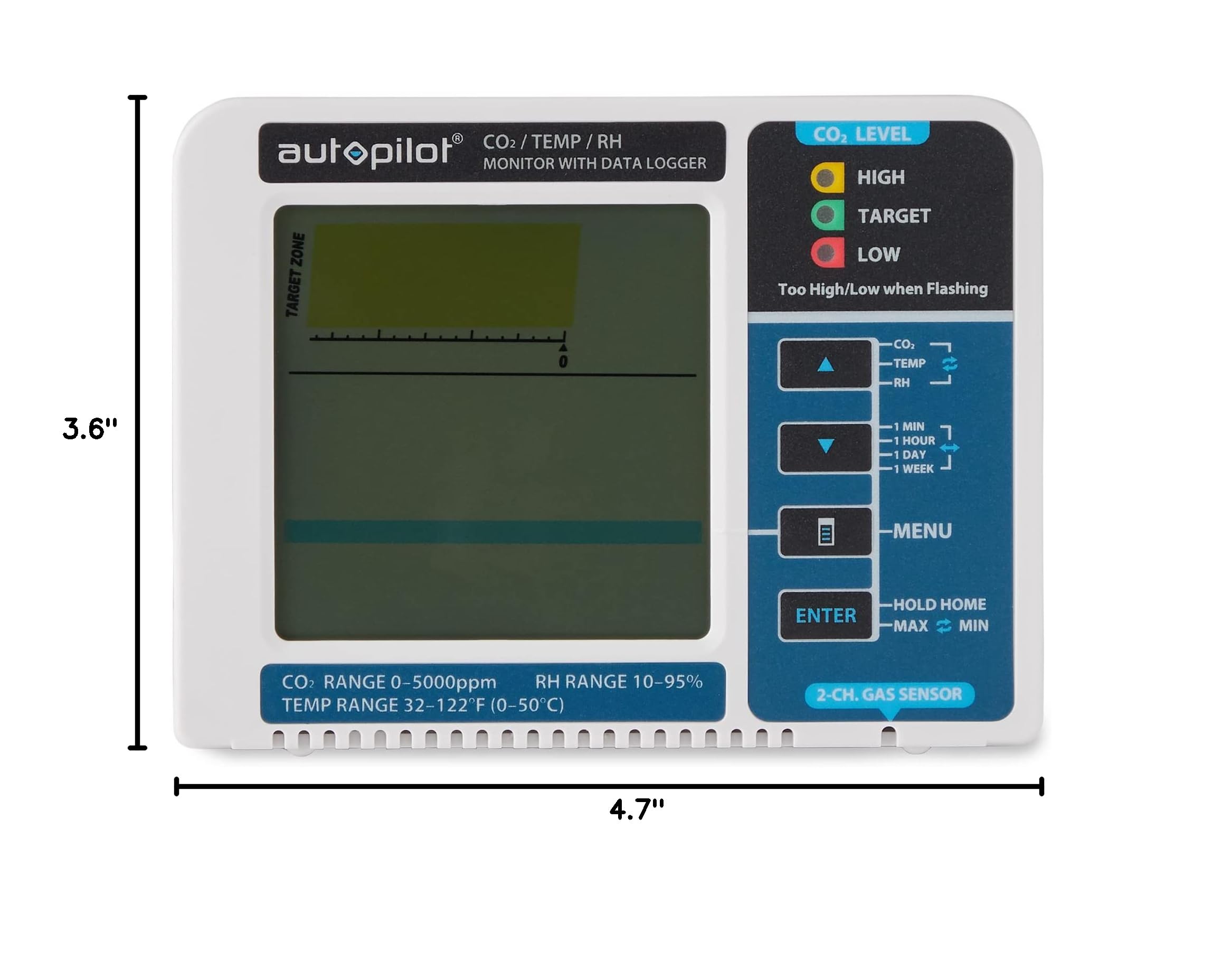 Hydrofarm Autopilot Desktop CO2 Monitor & Data Logger - Indoor Air Quality Meter for Grow Rooms, Greenhouses & Offices | Tracks CO2 Levels, Temperature & Humidity