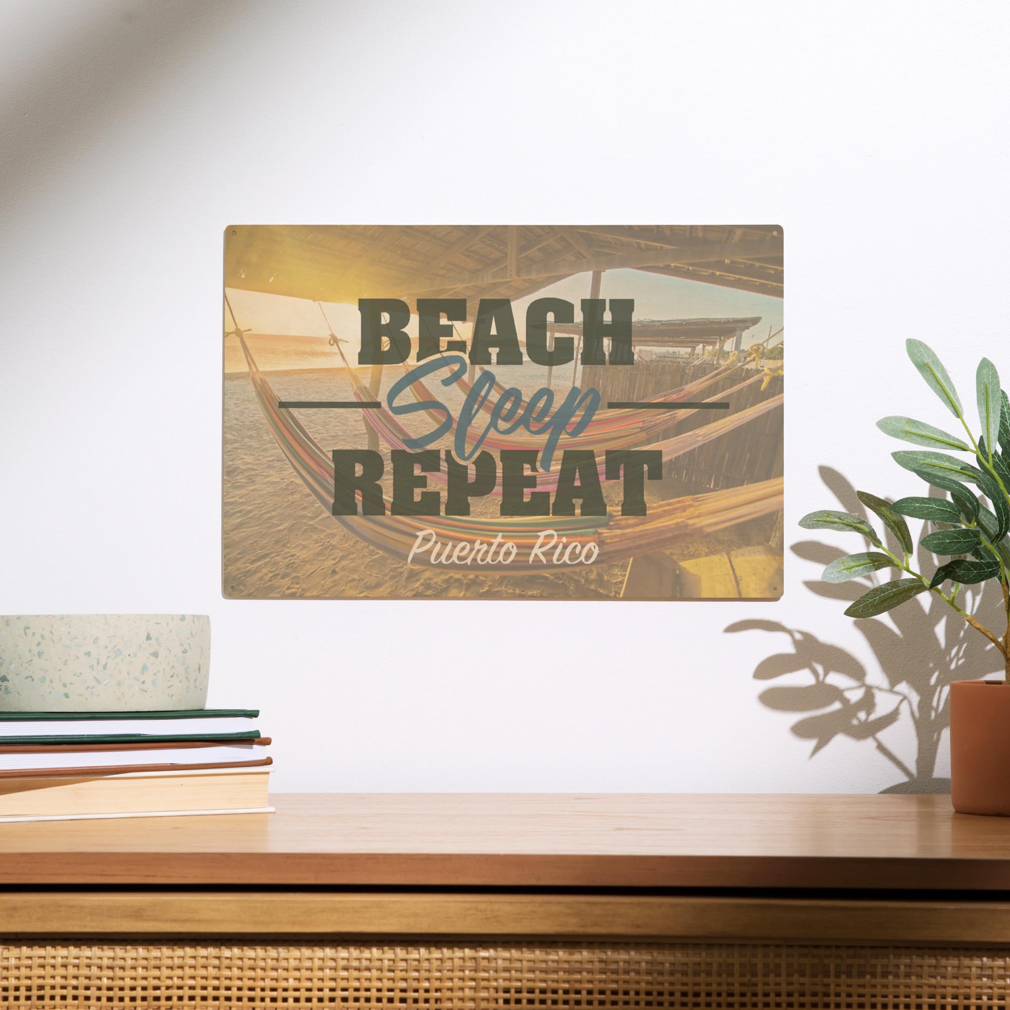 Lantern Press 10x15 Inch Wooden Wall Sign - Ready to Hang Puerto Rico Beach Decor with Sunset & Hammocks - Perfect for Coastal, Bedroom & Living Room Decor