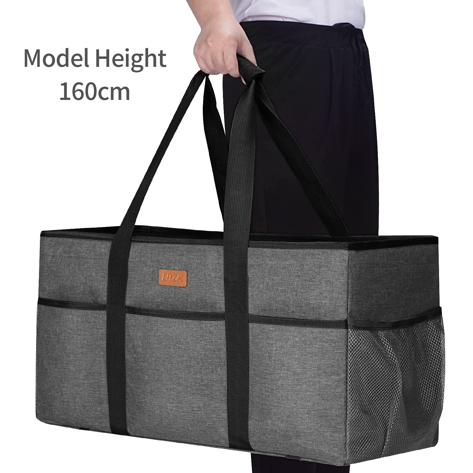 LHZK Extra Large Stand Up Utility Tote Bag with Lid - Reinforced Metal Wire Frame & Sides - Perfect for Grocery Shopping, Beach Trips, and Storage Organization