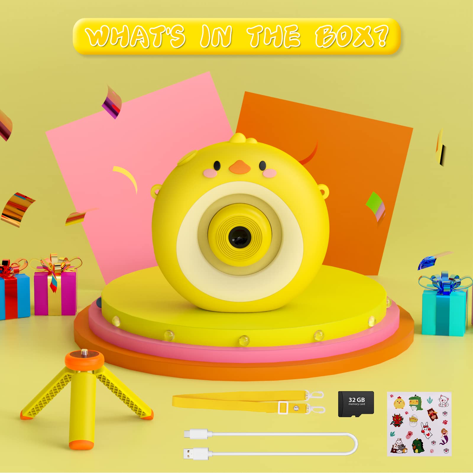 **12MP Kids Digital Camera with Tripod - 1080P HD Video, 32GB SD Card Included - Perfect for Birthday Gifts, Selfies & Family Adventures (Yellow)**