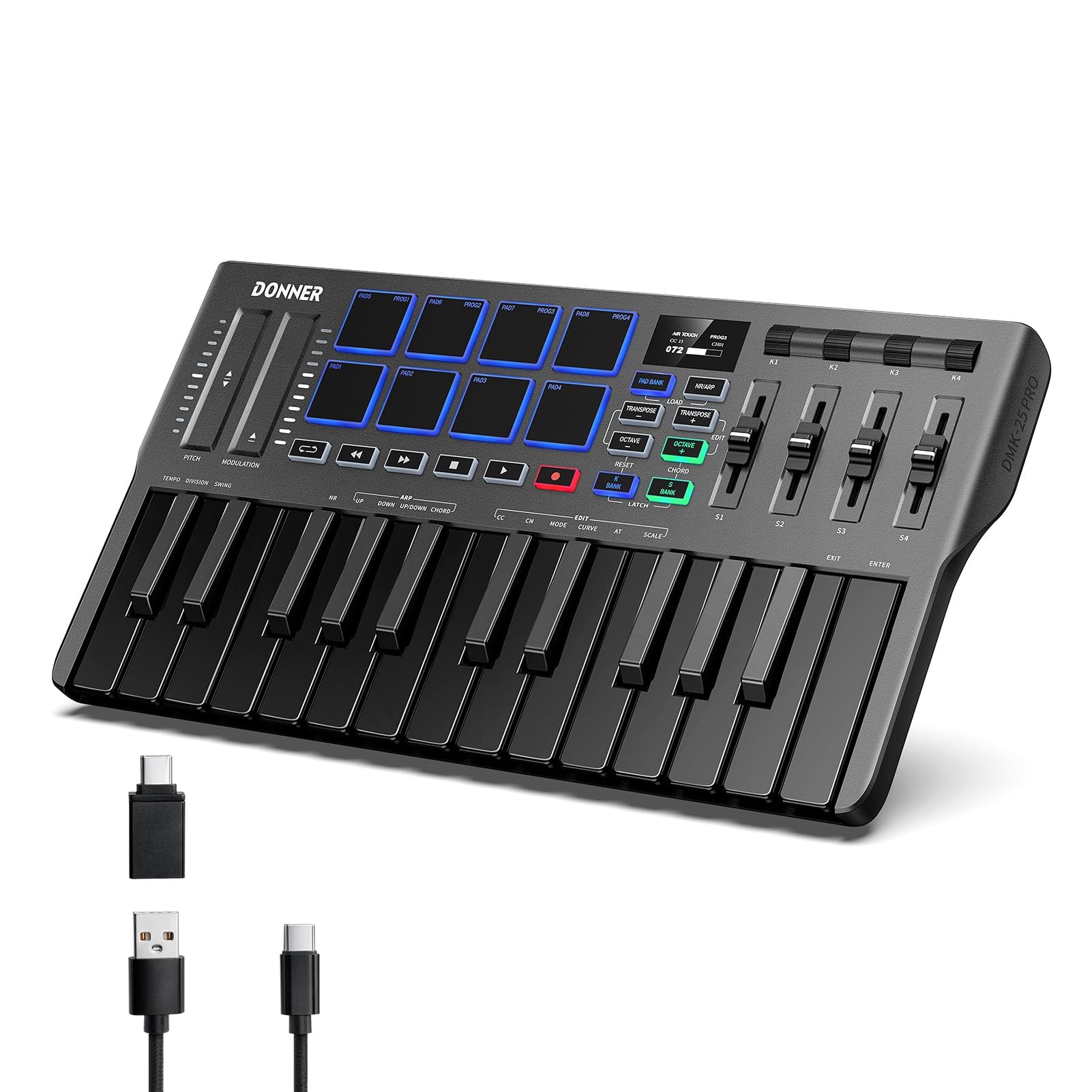 Donner DMK25 Pro 25-Key USB-C MIDI Keyboard Controller with 8 Drum Pads, OLED Display & Touch Bar | Portable Mini Keyboard for Music Production, Beat Making & Live Performance | Includes DAW Software & 40 Music Lessons