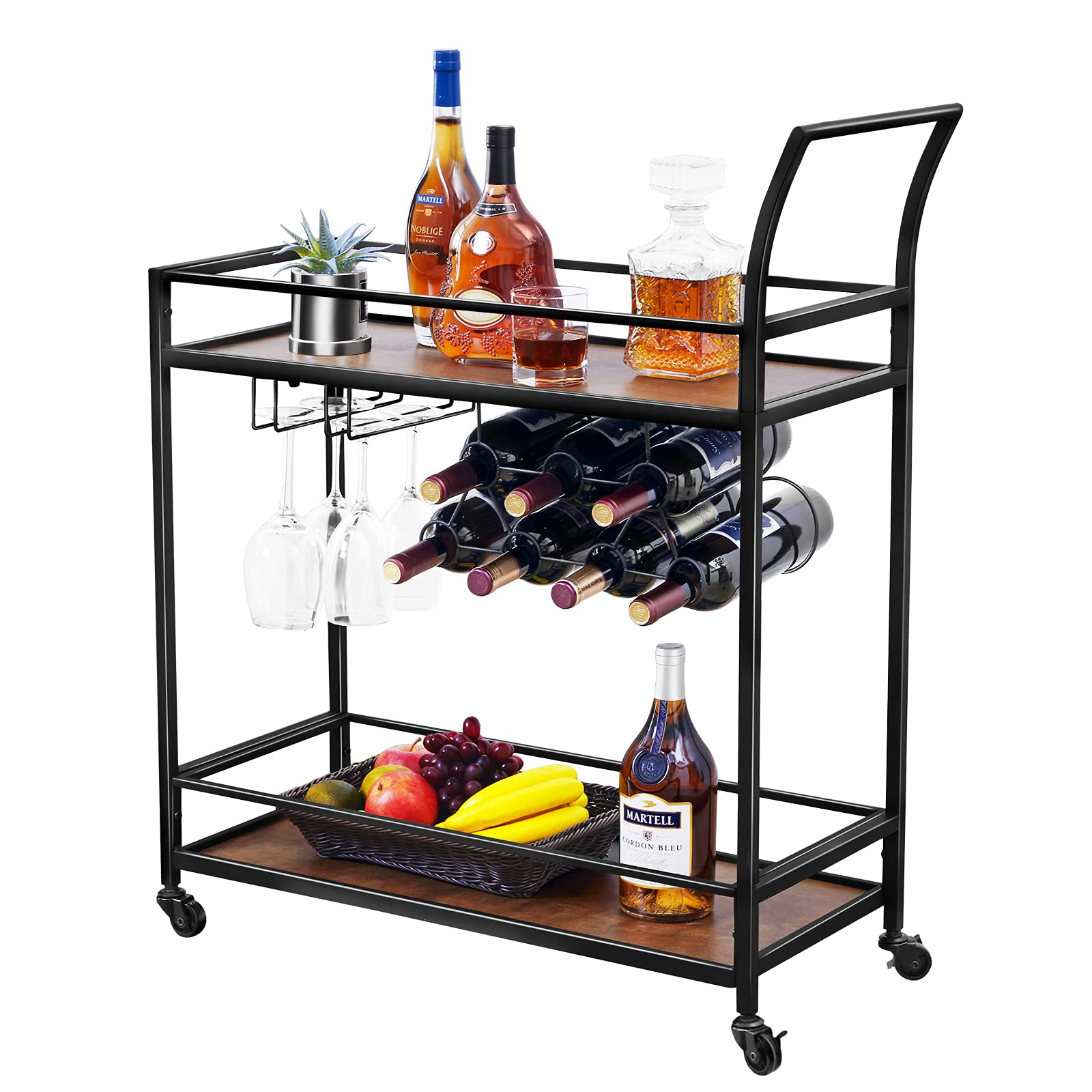 Premium Wine Bar Serving Cart with Wheels & Handle - Rolling Bar Cart for Home, Kitchen, Living Room, Bar & Restaurant - Sturdy Metal & Wood Wine Rack Storage with Glass Bottle Holder (Black) - Perfect for Entertaining Guests, Wine Tasting & Stylish Home Decor