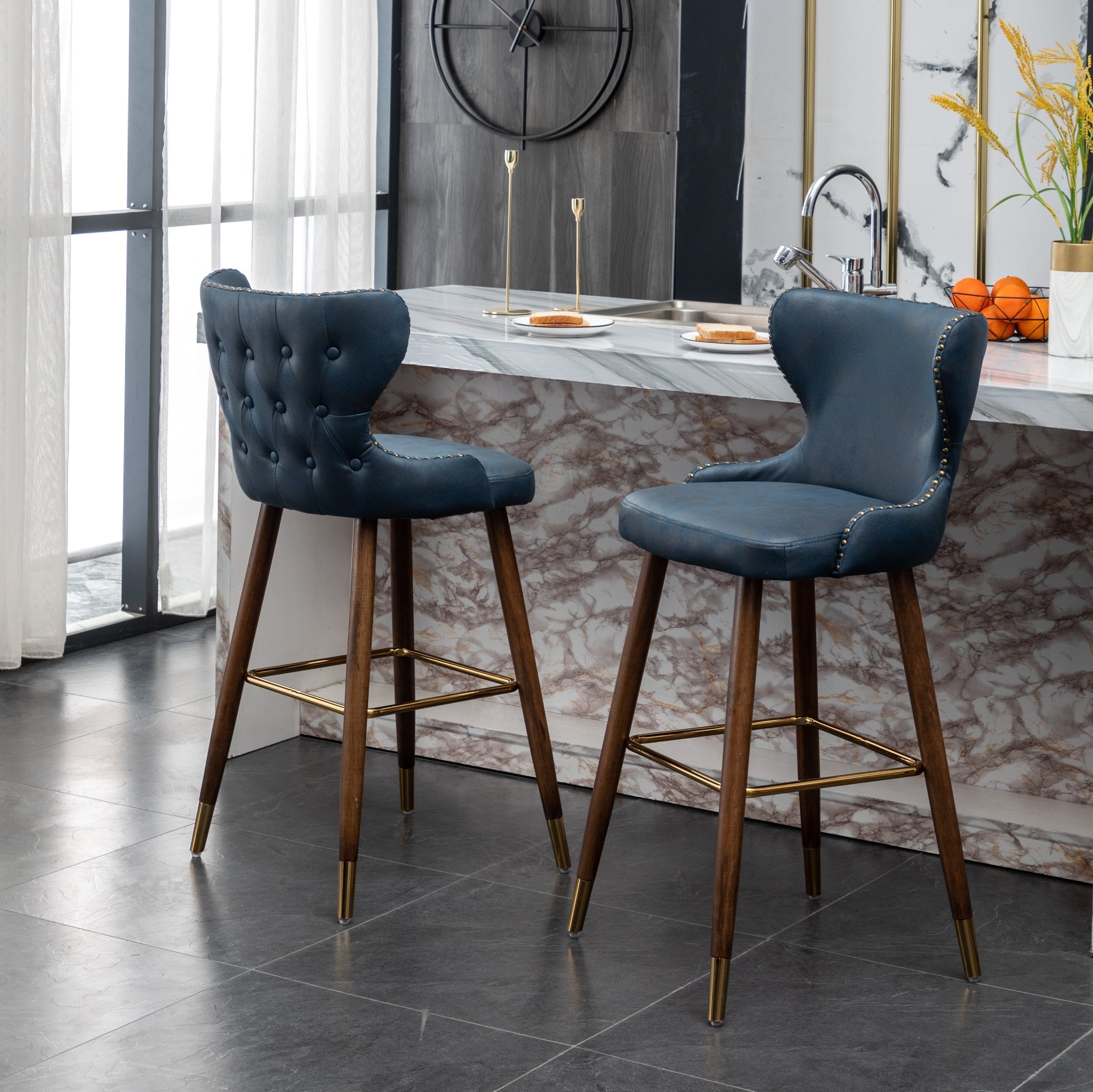 Roundhill Furniture Nevis Mid-Century Modern Faux Leather Tufted Bar Stools with Nailhead Trim - Set of 2 Blue Barstools for Kitchen Island, Breakfast Nook & Home Bar Decor