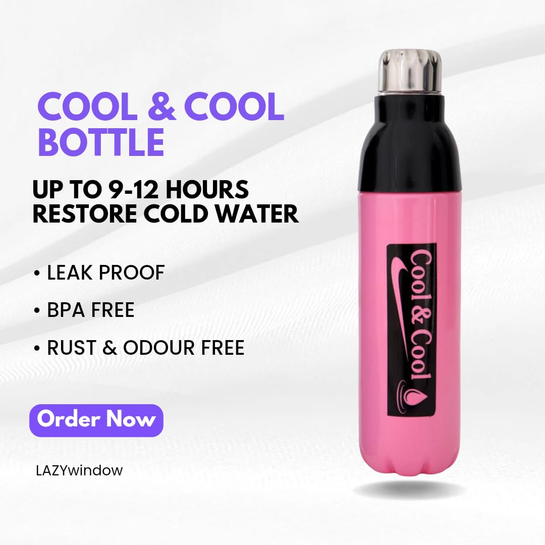 LAZYwindow 1000ml Pink Insulated Plastic Water Bottle - Keeps Drinks Cold for 24 Hours, BPA Free, Leak Proof - Perfect for Gym, Hiking, School & Office Use