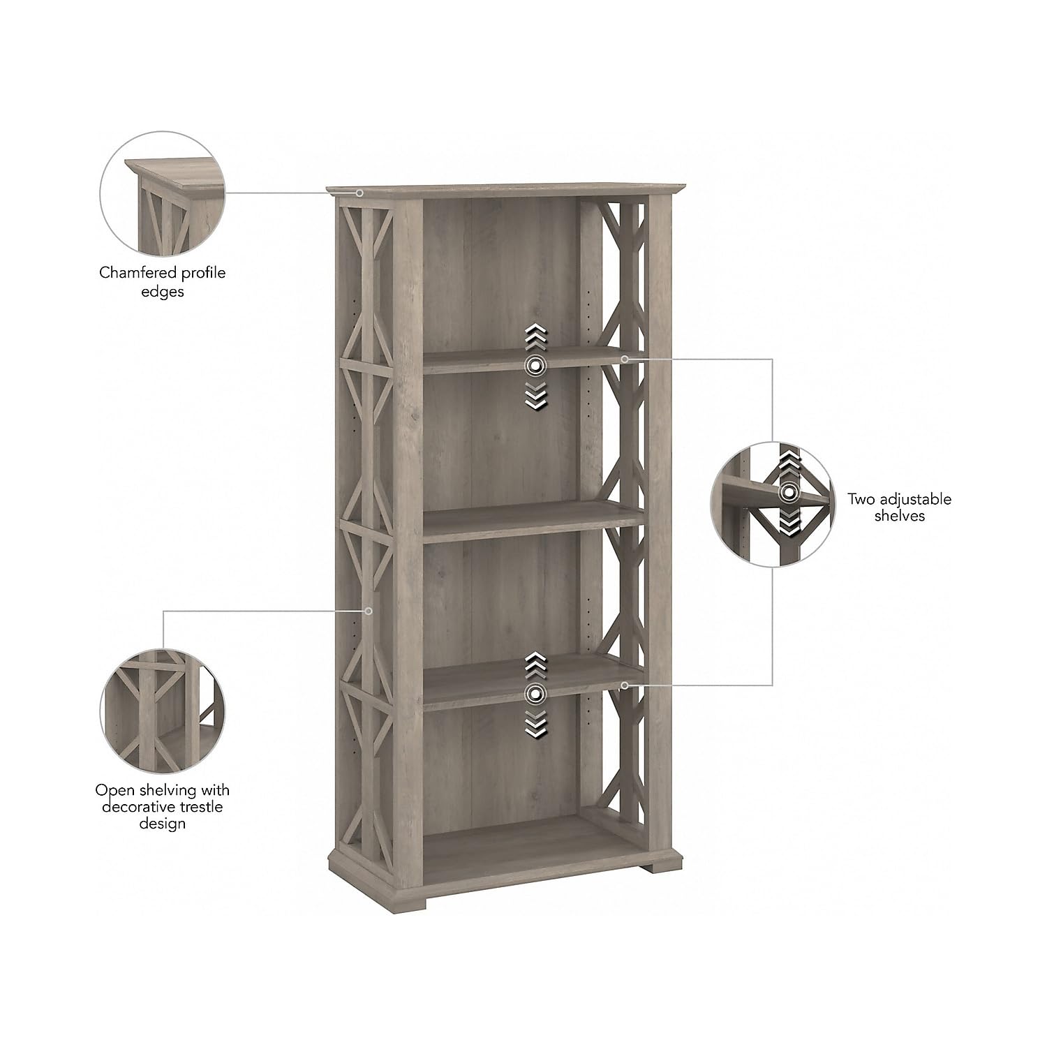 Bush Furniture Homestead 4 Shelf Farmhouse Bookcase in Driftwood Gray - Vertical Office Organizer & Home Shelving Unit for Books, Decor & Storage - Perfect for Living Room, Bedroom or Home Office
