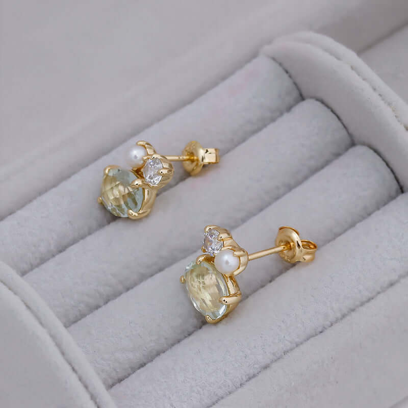 Elegant Green Amethyst and Pearl Stud Earrings for Women | Dainty Gemstone Jewelry Gift | Perfect for Weddings, Parties & Everyday Wear | TB2396