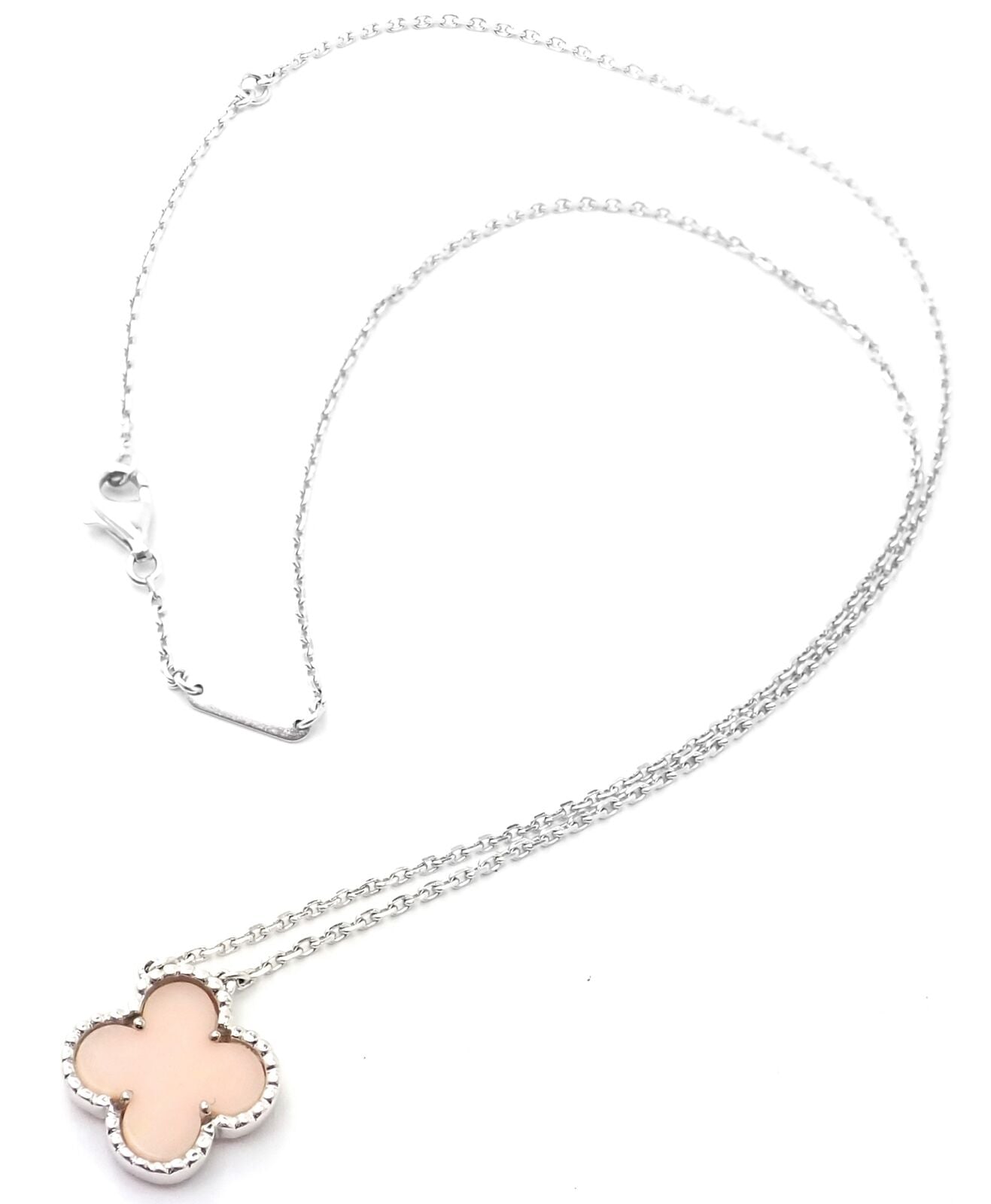 Authentic Van Cleef & Arpels Alhambra 18k White Gold Pink Opal Pendant Necklace - Luxury Jewelry for Women, Perfect for Weddings, Anniversaries & Special Occasions