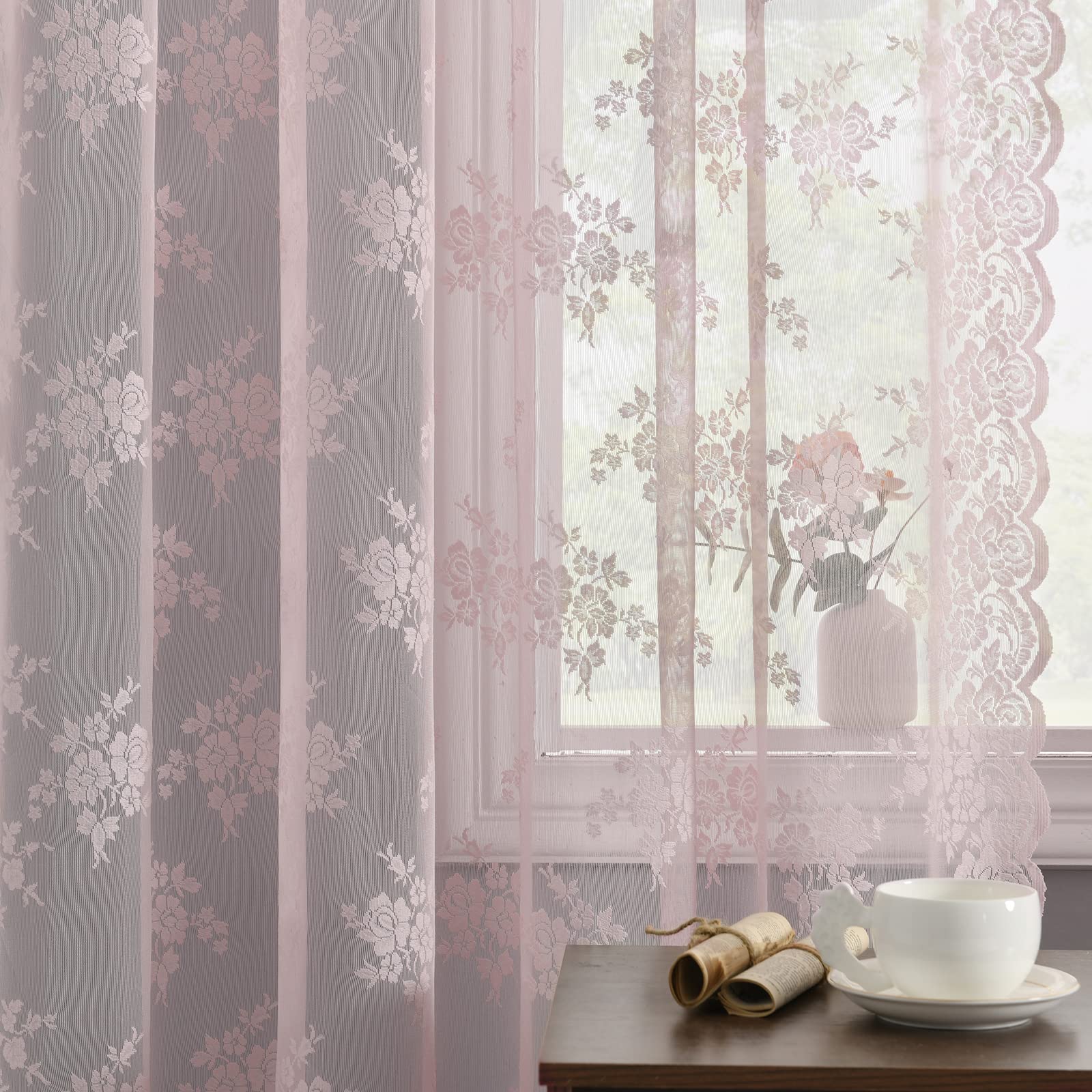 Kotile Pink Lace Curtains 45 Inch - Vintage Floral Embroidered Short Lace Cafe Curtains for Small Windows, Rod Pocket Privacy Sheer Lace Panels (Set of 2, 52x45 Inches) - Perfect for Bedroom, Kitchen, Bathroom & French Doors
