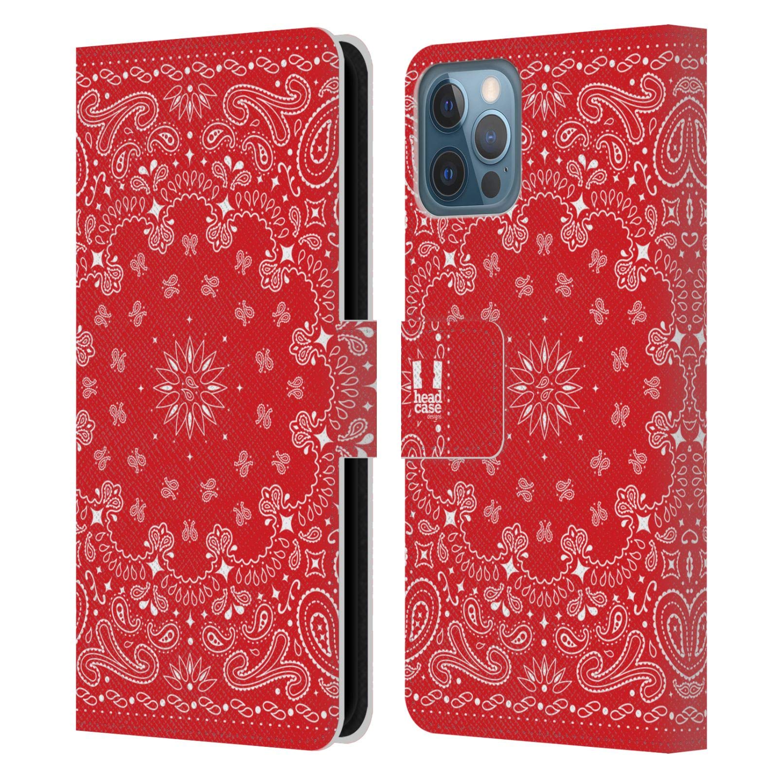Head Case Designs Red Classic Paisley Bandana Leather Book Wallet Case for Apple iPhone 12 & 12 Pro - Stylish Protection for Everyday Use & Travel