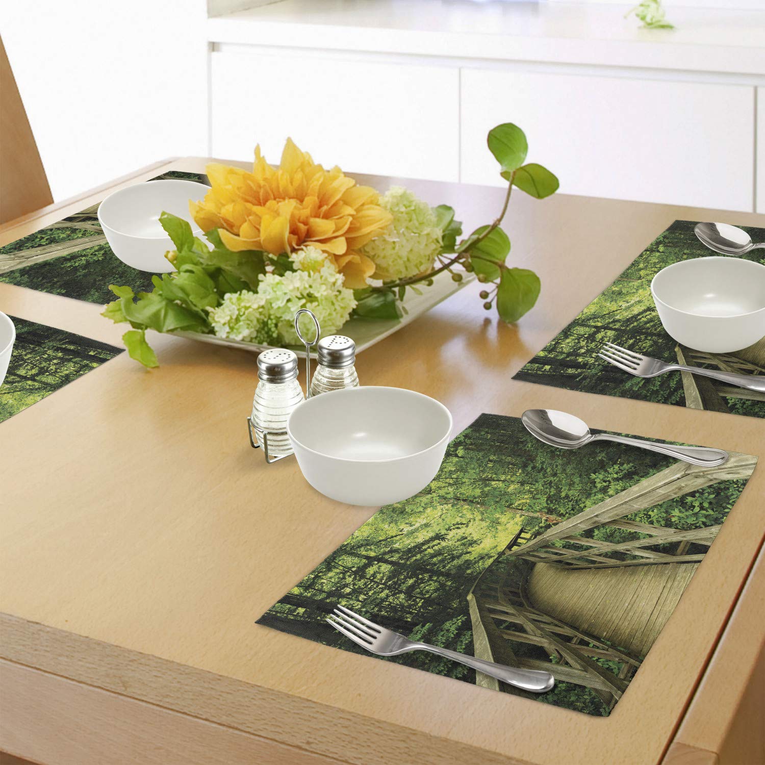 Ambesonne 4-Pack Nature-Themed Placemats - Park Scenery Summer Landscape Eco-Friendly Washable Fabric Table Mats for Dining Room & Kitchen Decor (Khaki Green) | Perfect for Outdoor Picnics, Dinner Parties, and Home Decoration