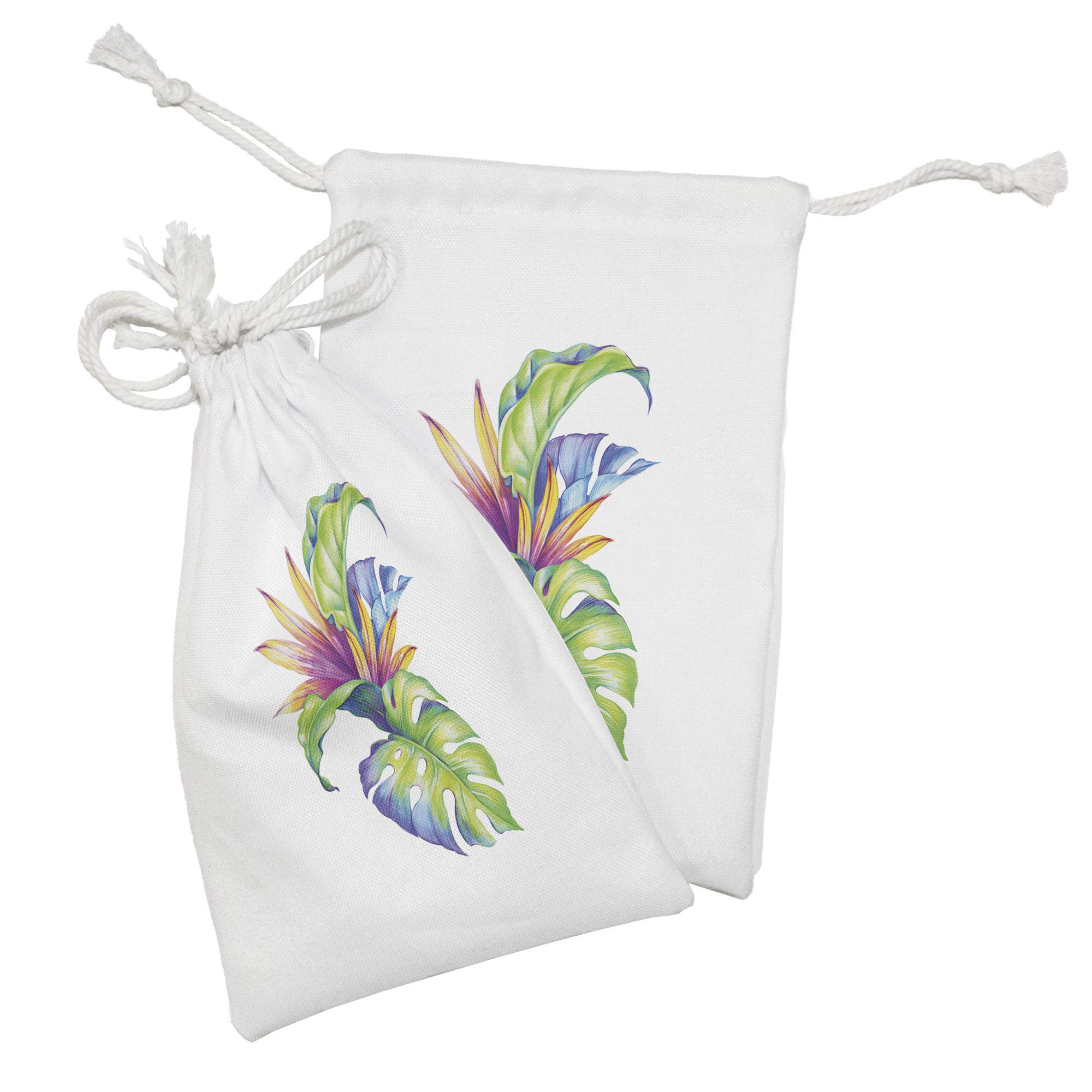 Ambesonne 2-Pack Fabric Drawstring Pouches - Tropical Leaves & Monstera Print Small Bags (9