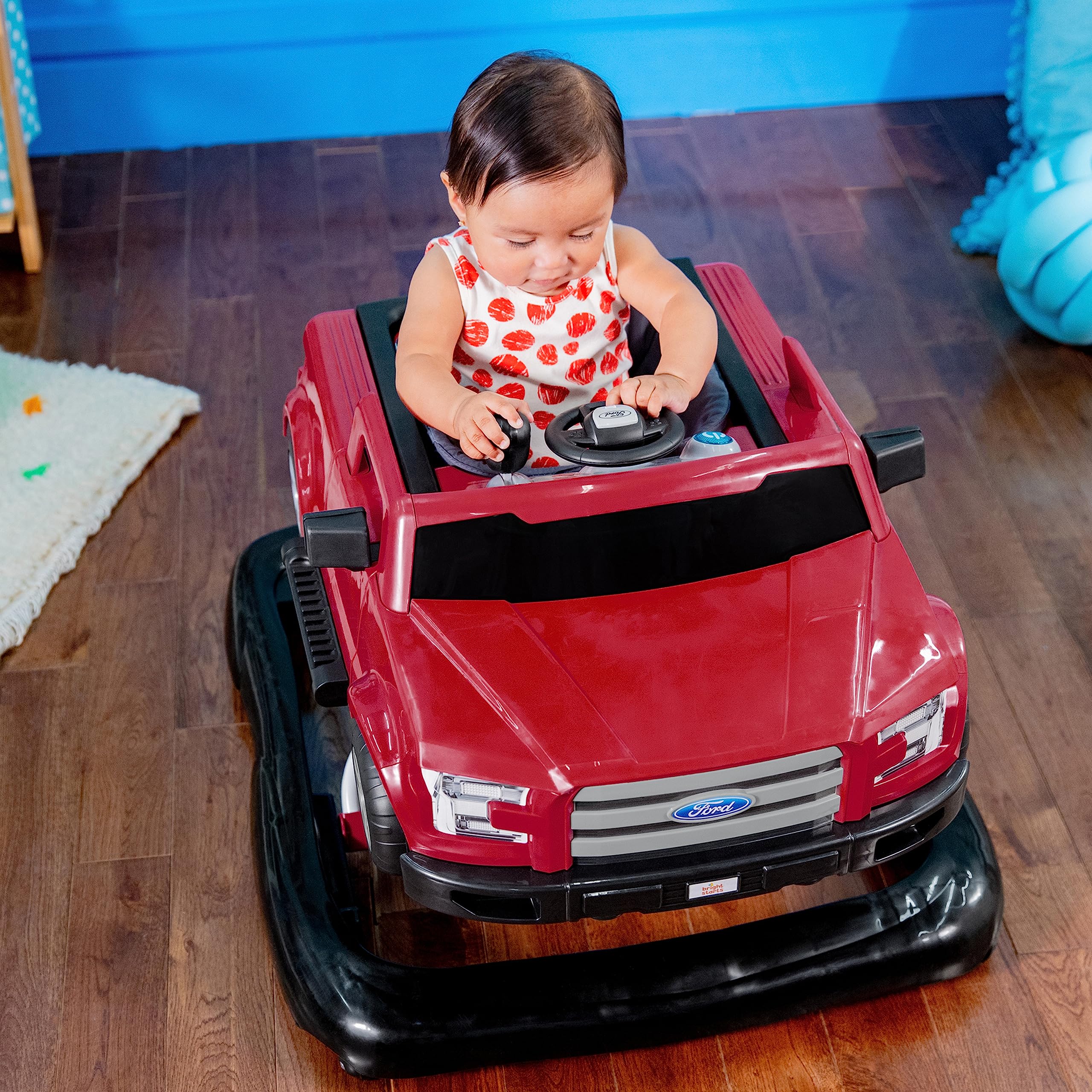 Bright Starts Ford F-150 4-in-1 Red Baby Activity Center & Push Walker with Removable Interactive Steering Wheel - Fun Learning Toy for Infants 6 Months and Up - Perfect for Playtime, Early Development & First Steps