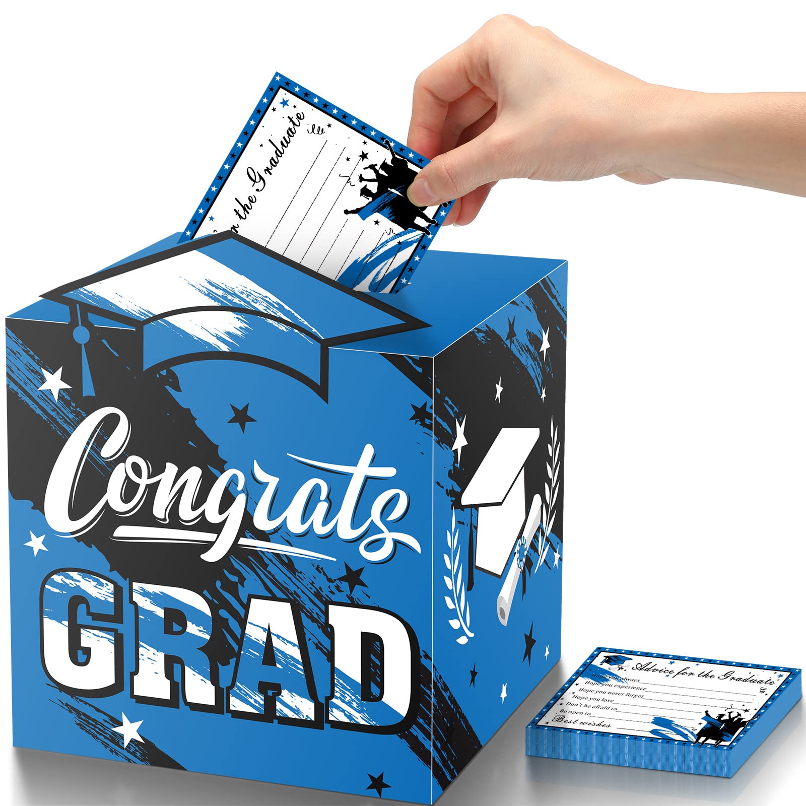 2022 Graduation Party Supplies Set - Black & Blue Graduation Card Box with 30 Pcs Wish Cards | Congrats Grad Card Holder & Advice Box | Perfect for School Graduation Decorations & Celebration Events