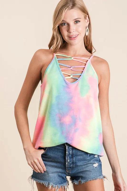 BiBi Tie Dye Terry Caged Neck Knit Camisole Top - Women's Fashion Summer Boho Crop Tank - Perfect for Beach, Music Festivals & Casual Outings