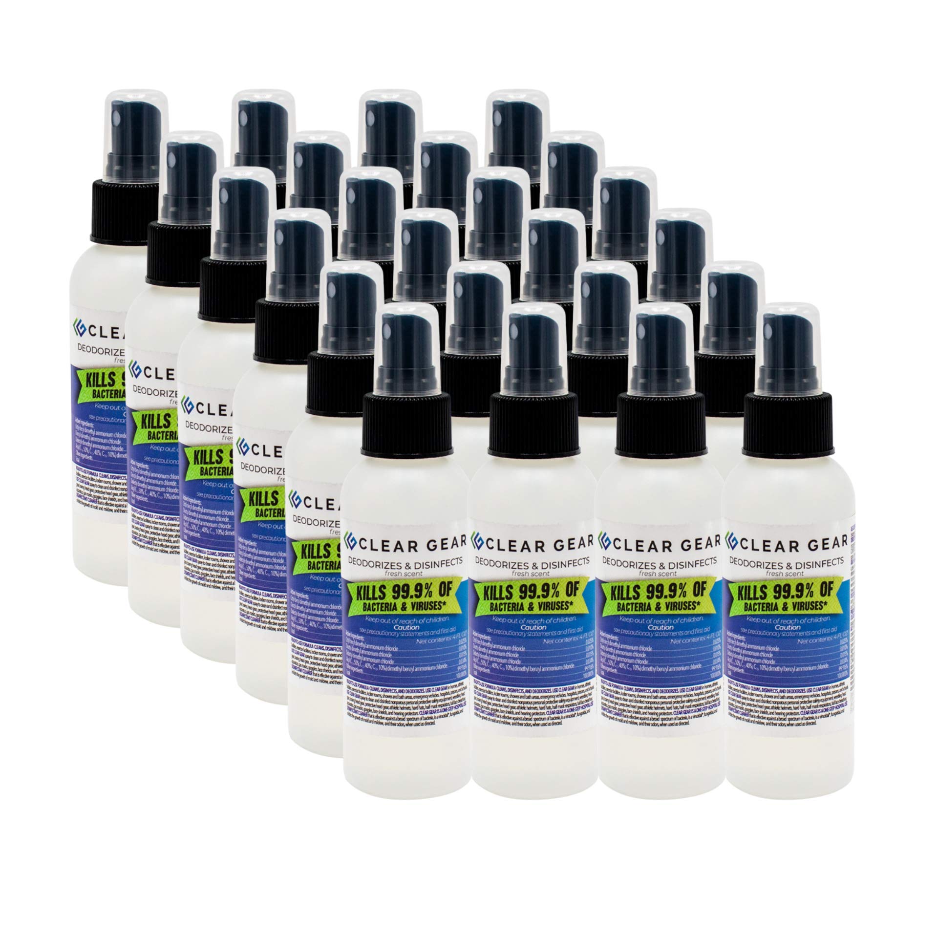Clear Gear - EPA-Registered Hospital Grade Disinfectant Cleaner & Deodorizer for Sports Equipment, Gyms, Fitness Centers - Made in USA - 24 Pack (4oz Bottles) - Perfect for Cleaning Gym Mats, Yoga Equipment & Sports Gear