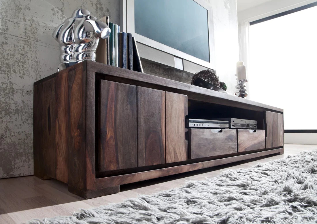 Gfine Solid Sheesham Wood TV Stand with 2 Doors & 2 Drawers - 175x45x47Cm Modern Entertainment Center for Living Room, Bedroom & Home Theater