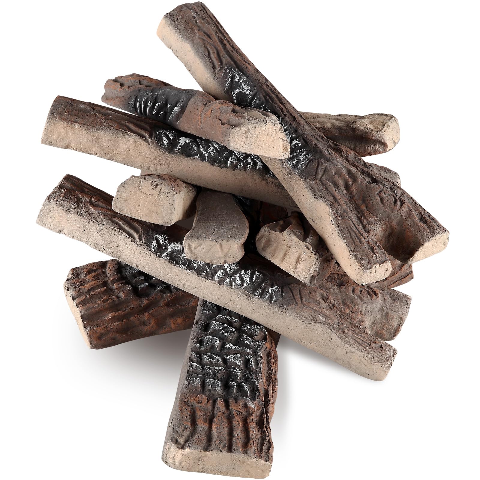 VEVOR 10-Piece Ceramic Gas Fireplace Logs Set - Realistic Wood Logs for Indoor/Outdoor Fireplaces, Fire Bowls & Fire Pits - Heat-Resistant, Stackable Decorative Logs for Natural Gas or Propane Fireplaces - Perfect for Living Rooms, Patios & Backyard Gatherings