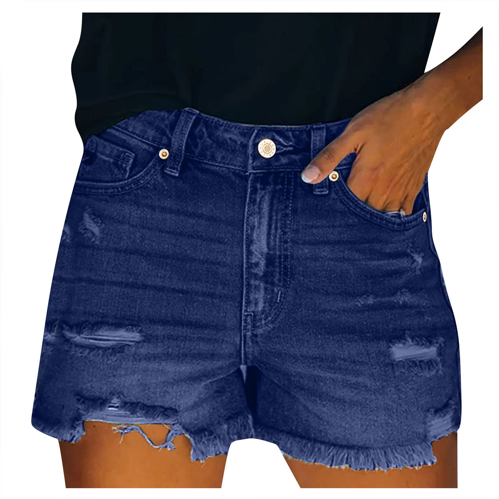 Slim Fit High Waisted Distressed Denim Shorts for Women - Straight Leg Stretch Jeans Shorts | Summer Casual Wear, Lounging, Outdoor Activities
