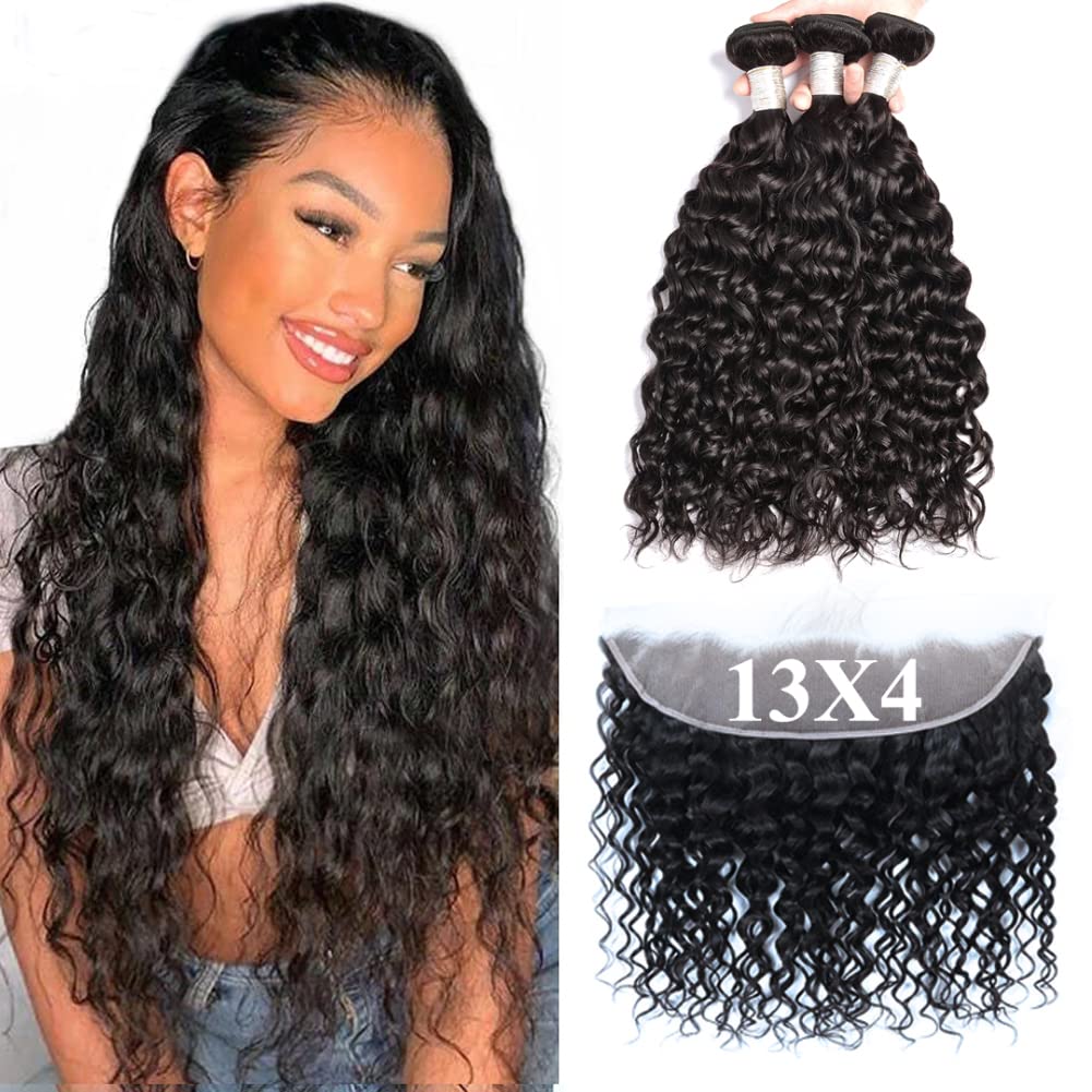 Brazilian Virgin Hair 4-Piece Water Wave Bundles with 20 Inch Lace Frontal Closure - 100% Unprocessed Human Hair Weave for Black Women (22
